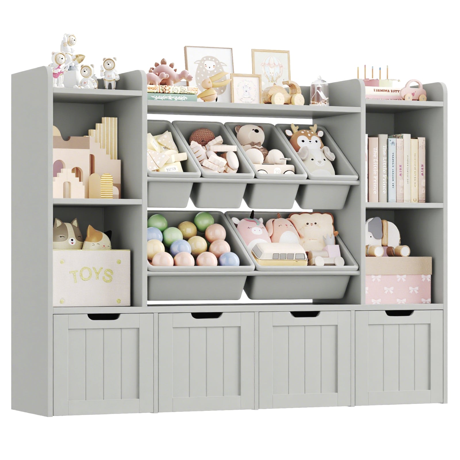 Hiphuta 3 Tier Kids Bookcase with Toy Storage Organizer, Wood Toy Organizer of 6 Boxes & 4 Removable Drawers, Gray