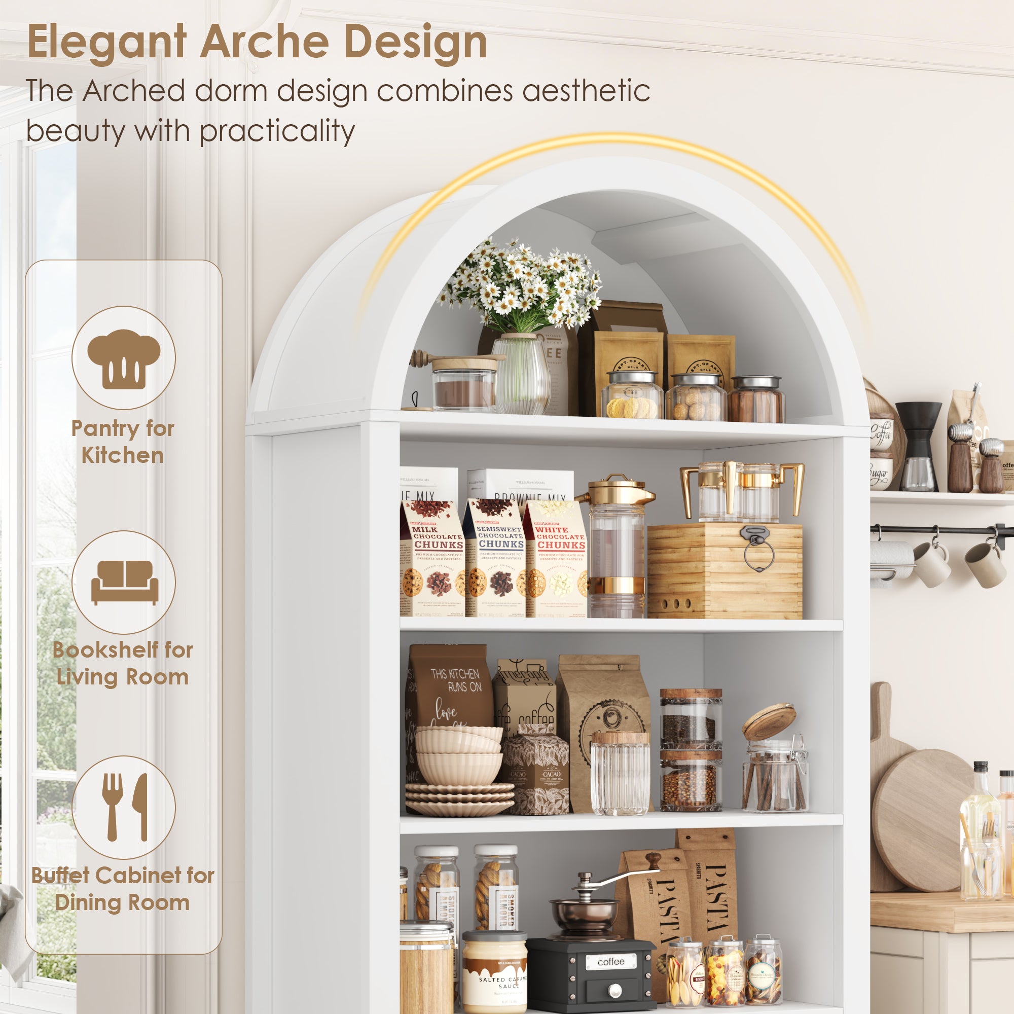 Hiphuta 70” Tall Arched Kitchen Pantry Storage Cabinet with 2 Large Drawers and 4 Open Shelves, Freestanding Modern Farmhouse Versatile Hutch Cupboard for Dining Room, White