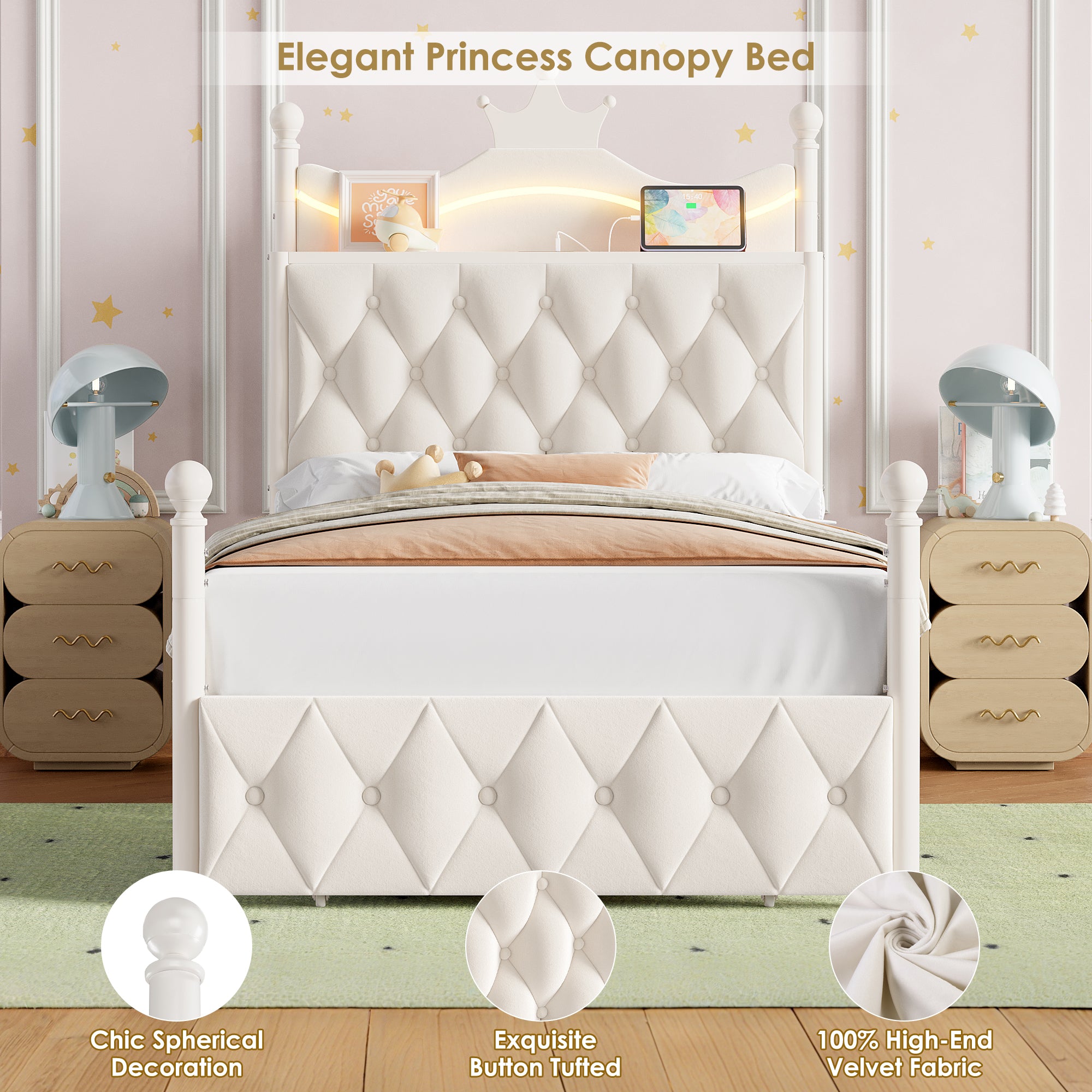 Hiphuta Twin Size Crown Canopy Bed with Power Outlet & LED, Upholstered Princess Beds with 4 Removable Posts, Twin Bed Frame, White