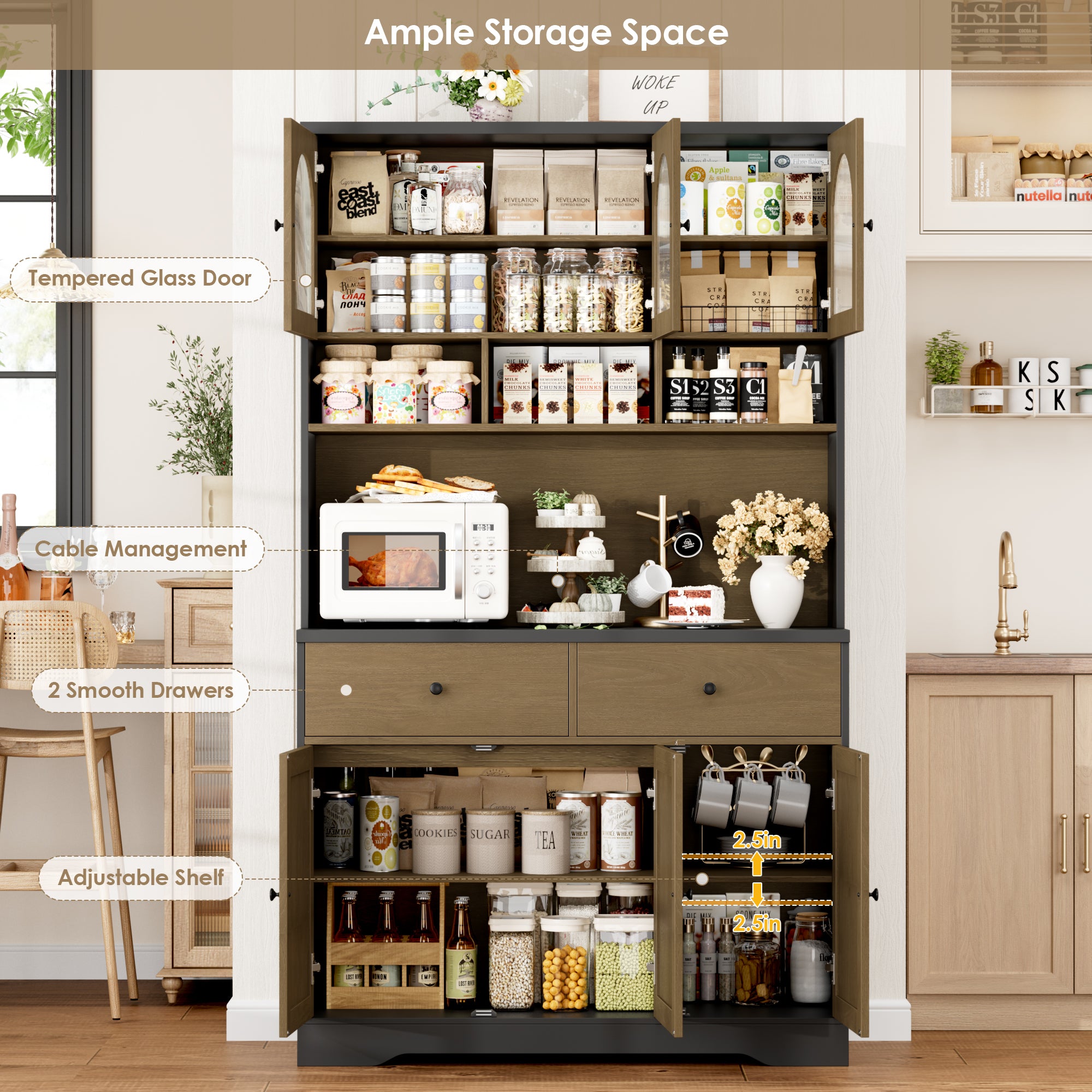 Hiphuta 71"in Modern Kitchen Pantry Storage Cabinet, Freestanding Kitchen Hutch Cabinet with Adjustable Shelves & Microwave Stand, Modern Coffee Hutch for Dining Room, Oak