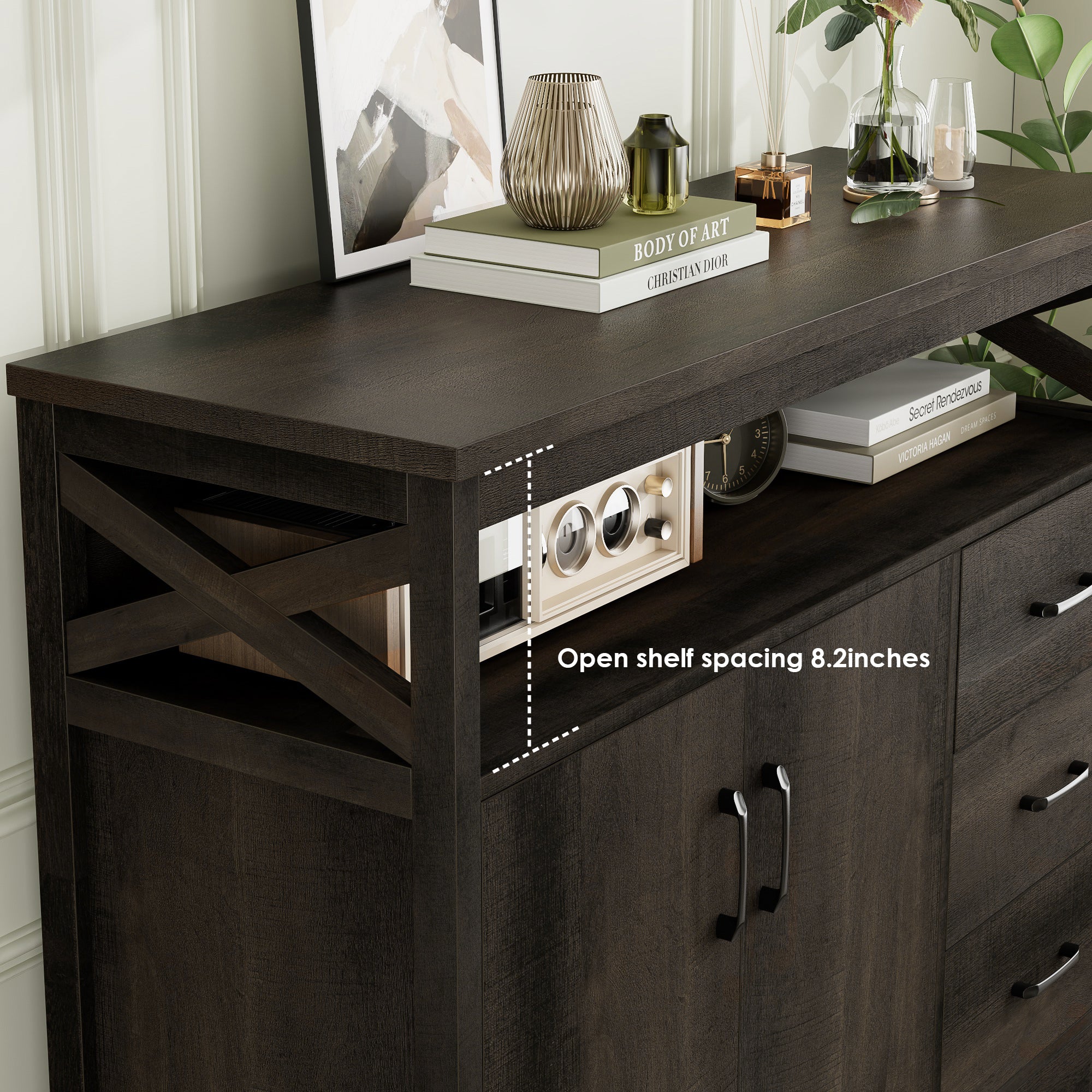 Hiphuta 47.2" Wide Buffet Sideboard, Farmhouse 3 Drawer Credenza Cabinet with 2 Doors, Dark Brown