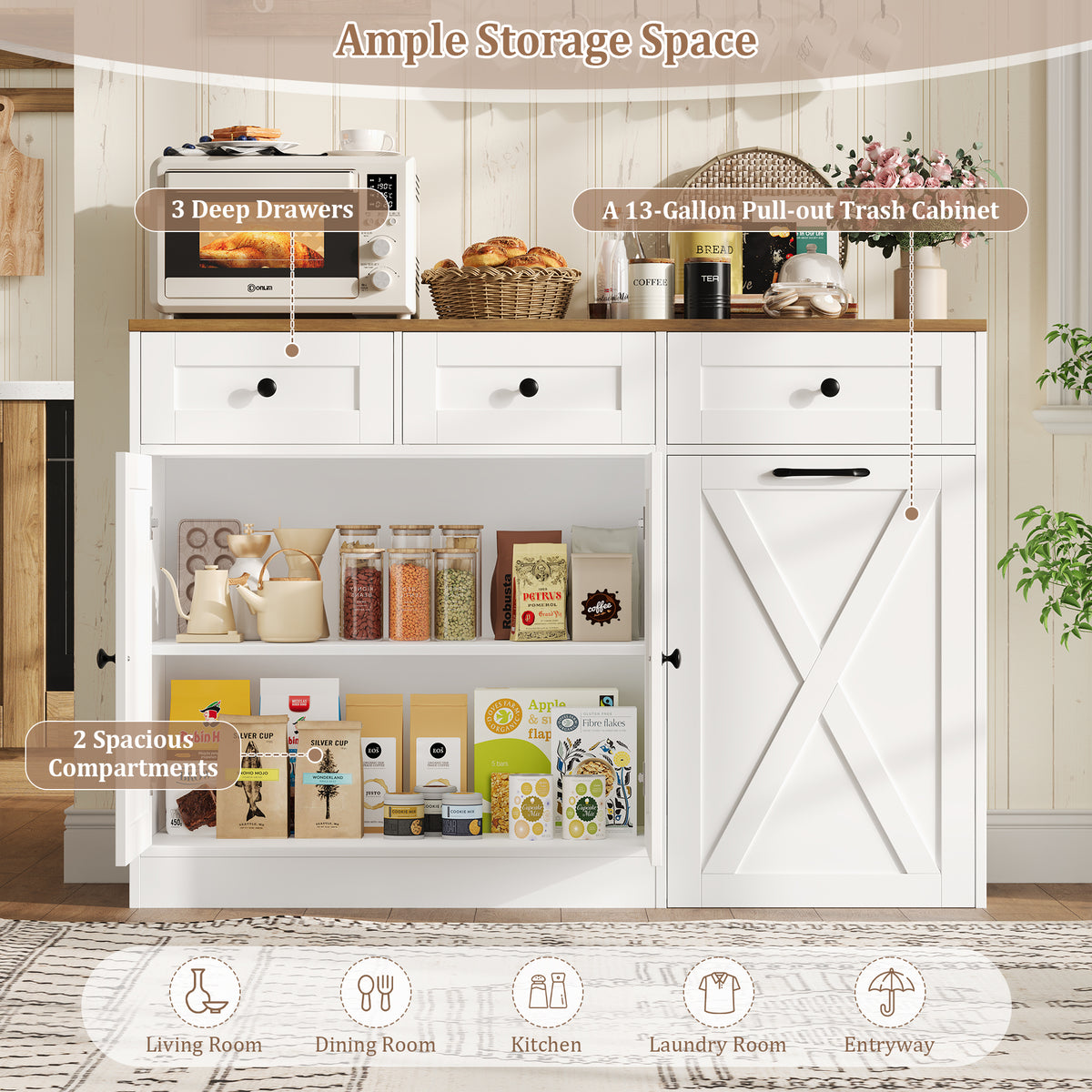 Hiphuta Trash Can Buffet Cabinet Fits 13 Gallon, 47"W Farmhouse Credenza Sideboard with Hidden Garbage Can Cabinet for Dining and Living Room, White