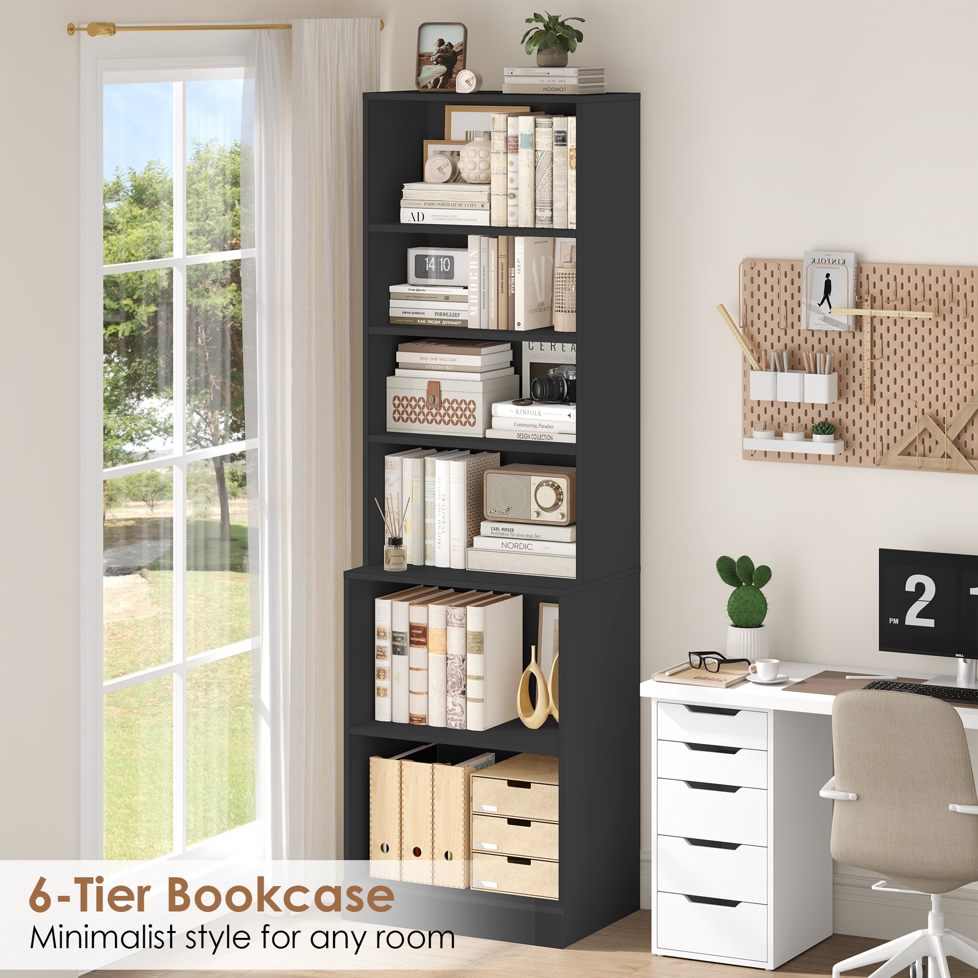 Hiphuta 73 in Tall 6-Tier Bookcase, 22" Wide Bookcase with Adjustable Shelf, Modern Minimalist Bookshelf for Home Office, Living Room, Black