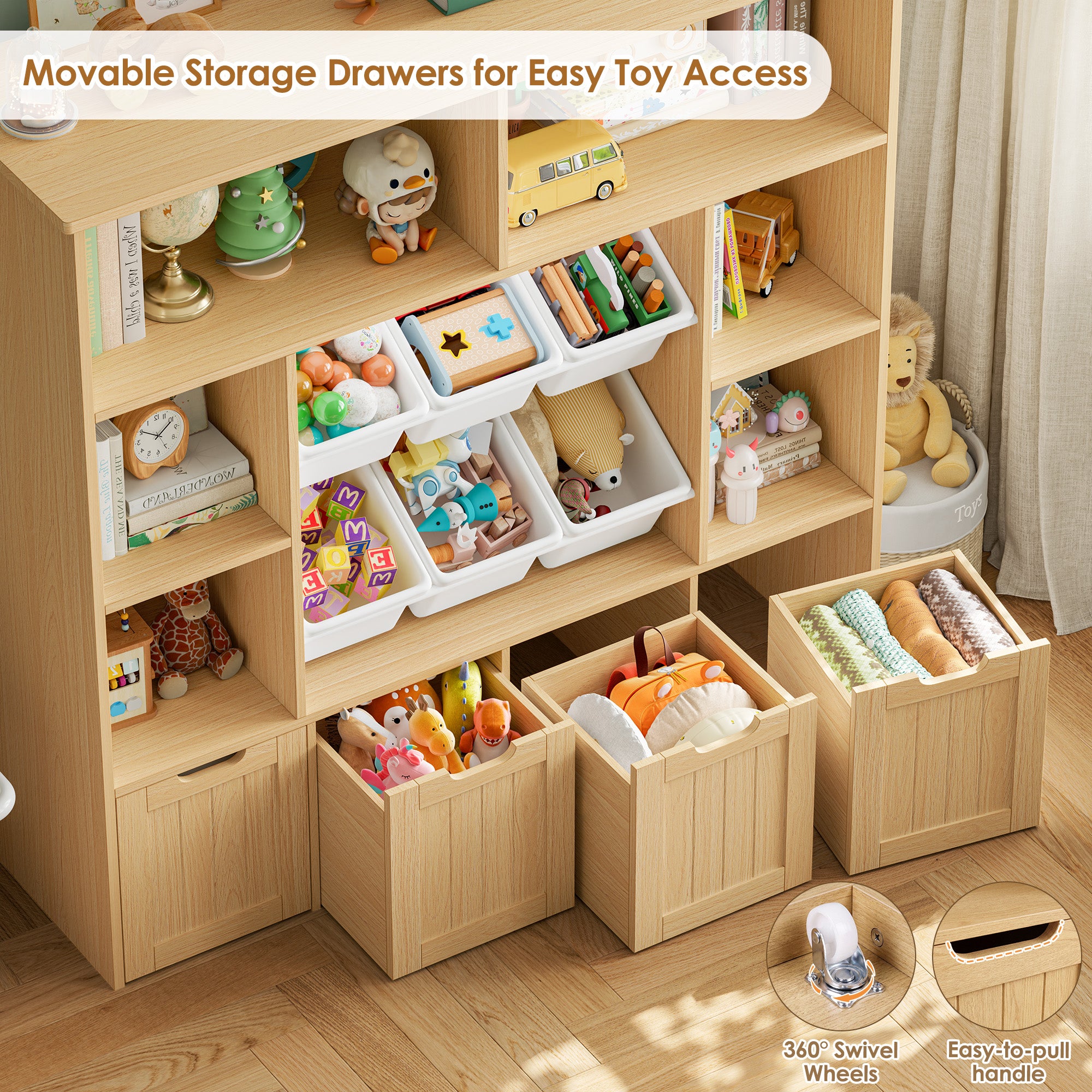 Hiphuta Large 4 Tier Kids Bookcase, Wood Toy Organizer of 6 Boxes & 4 Removable Drawers, Bookshelf for Kids Room Classroom, Natural