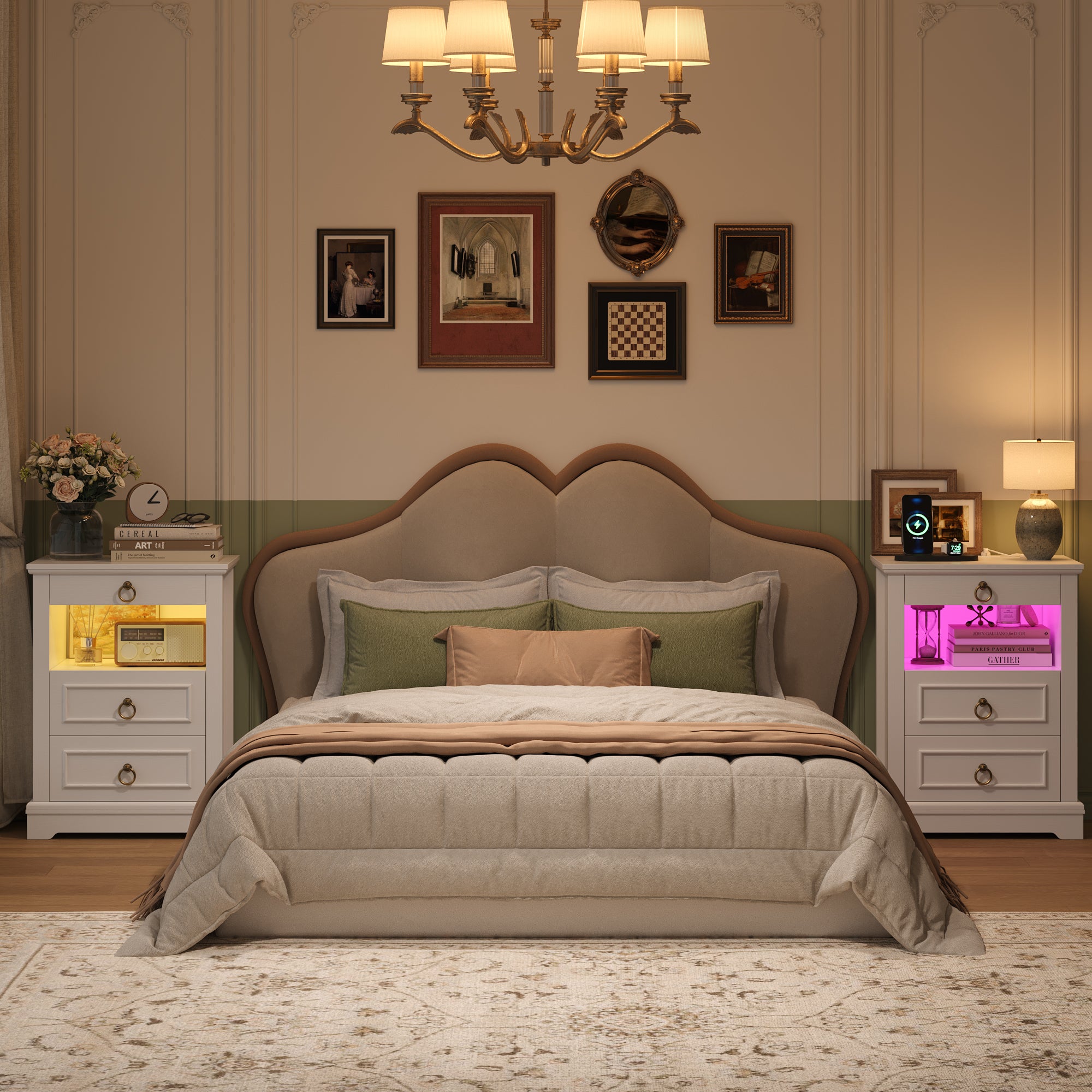 Hiphuta RGB LED Nightstands Set of 2, 3-Drawer Sofa Tables with Charging Station and Retro Handles, for Bedroom Living Room, White