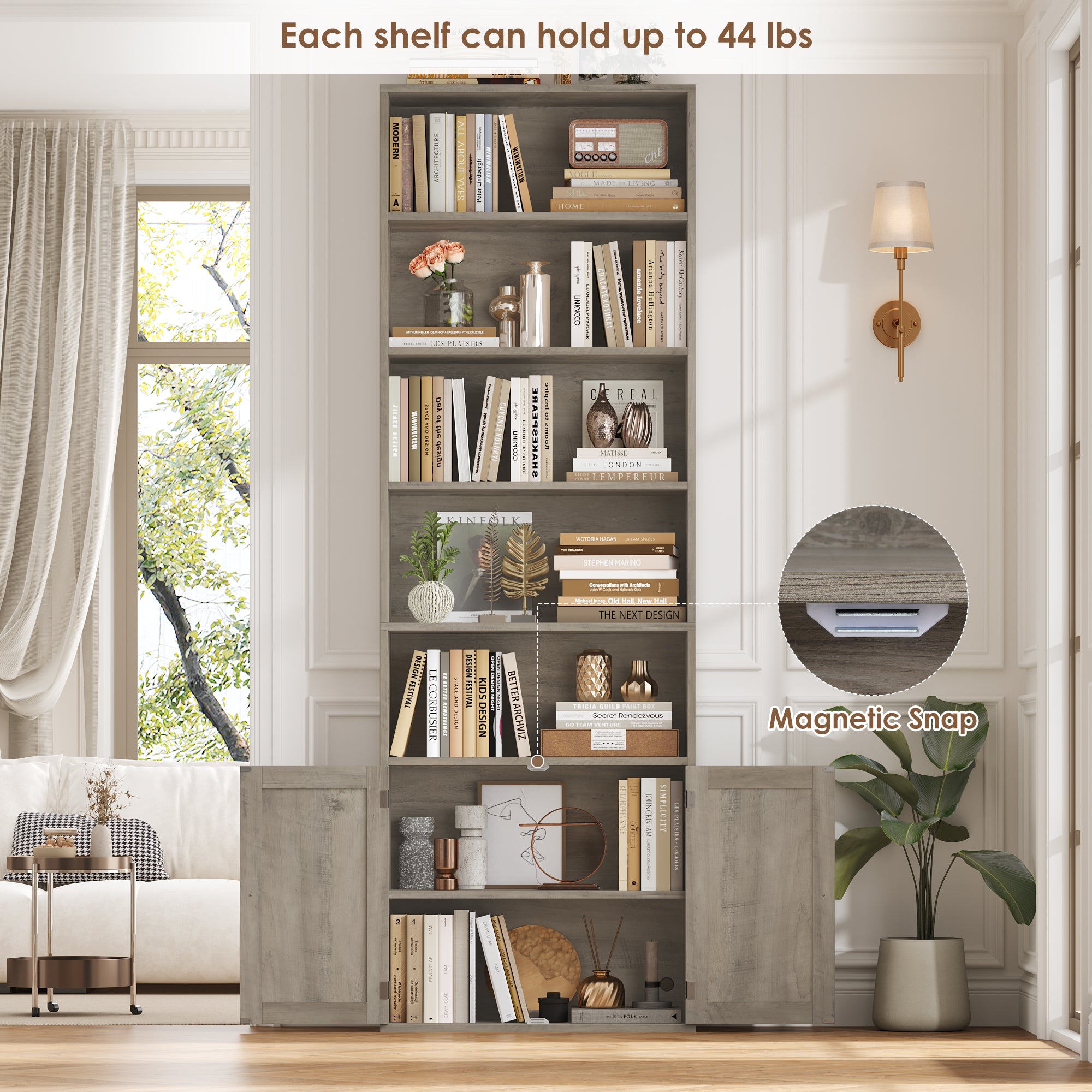 Hiphuta 81.5" Tall Bookcase with Doors, 5-Tier Bookshelves with Storage, 23.6"W Display Shelf with 2 Doors for Home Office, Living Room, Ash Gray
