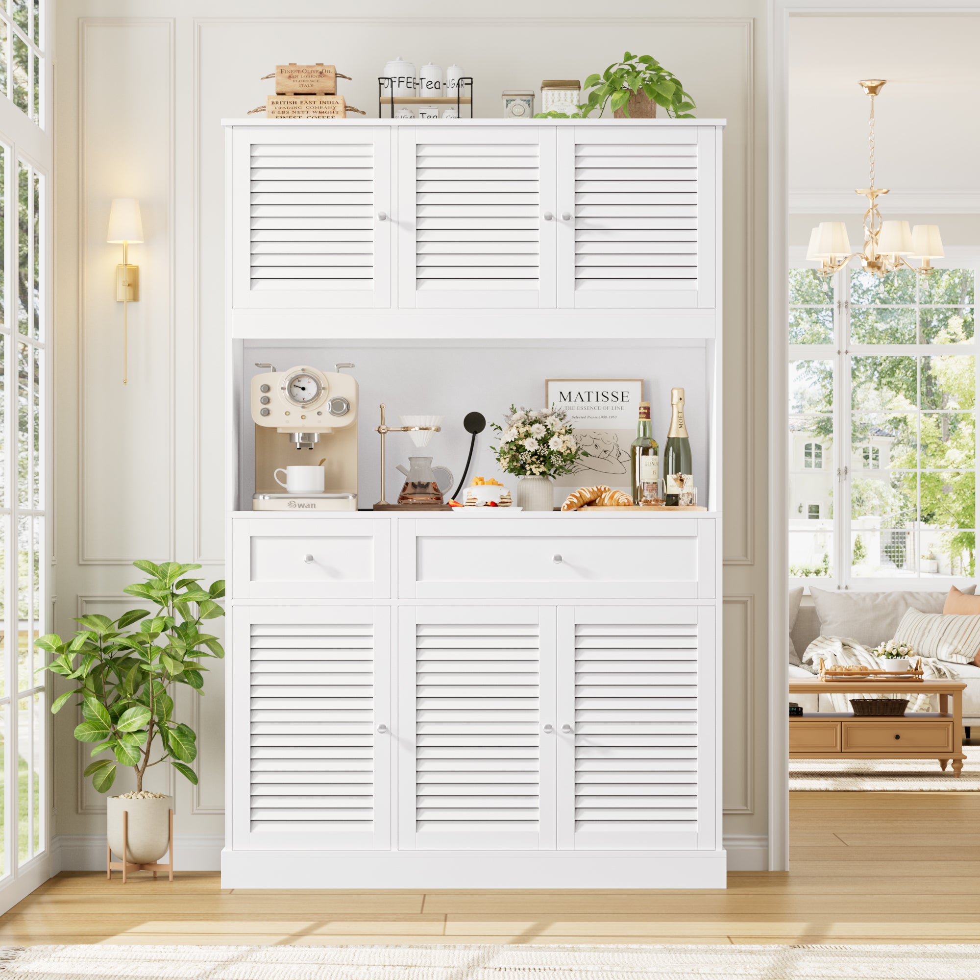 Hiphuta 70” Tall Modern Pantry Cabinet with Adjustable Shelves, Freestanding Kitchen Hutch Cabinet with Louvered Door for Dining Room, White