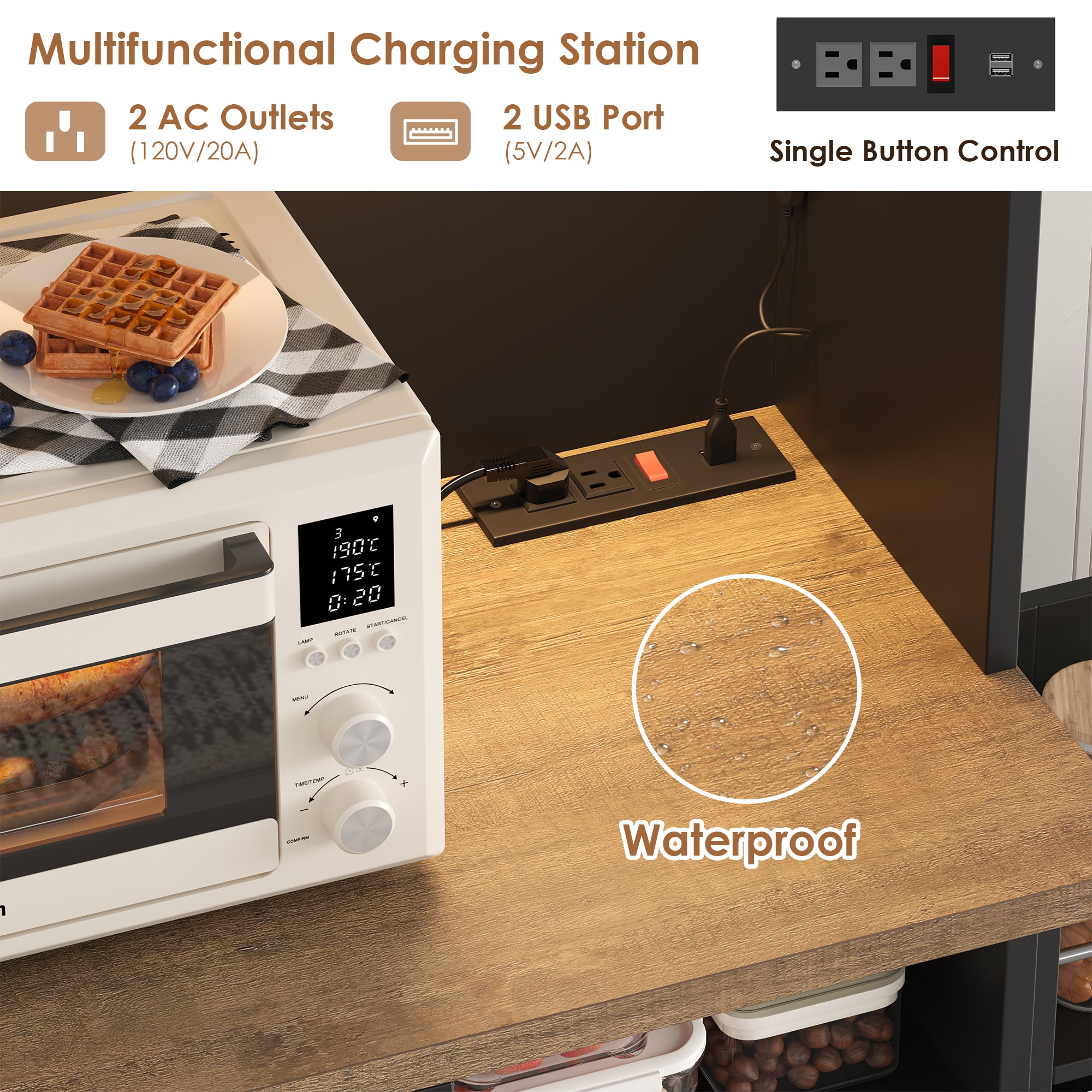 Hiphuta 71”Tall Modern Pantry Cabinet with Power Outlet & LED, Freestanding Kitchen Hutch Cabinet for Dining Room, Black