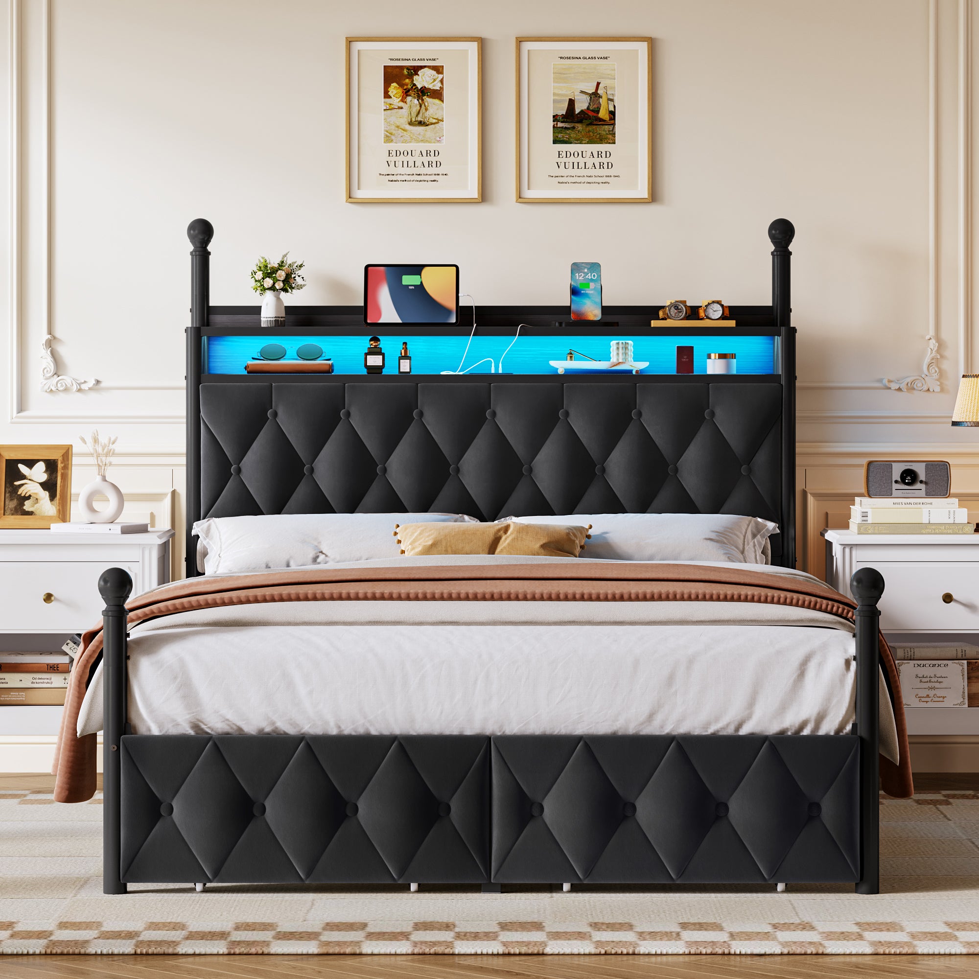 Hiphuta Full Size Upholstered Canopy Bed with Charging Station & Storage Drawer,Button Tufted Headboard with LED Light, Full Bed Frames, Black