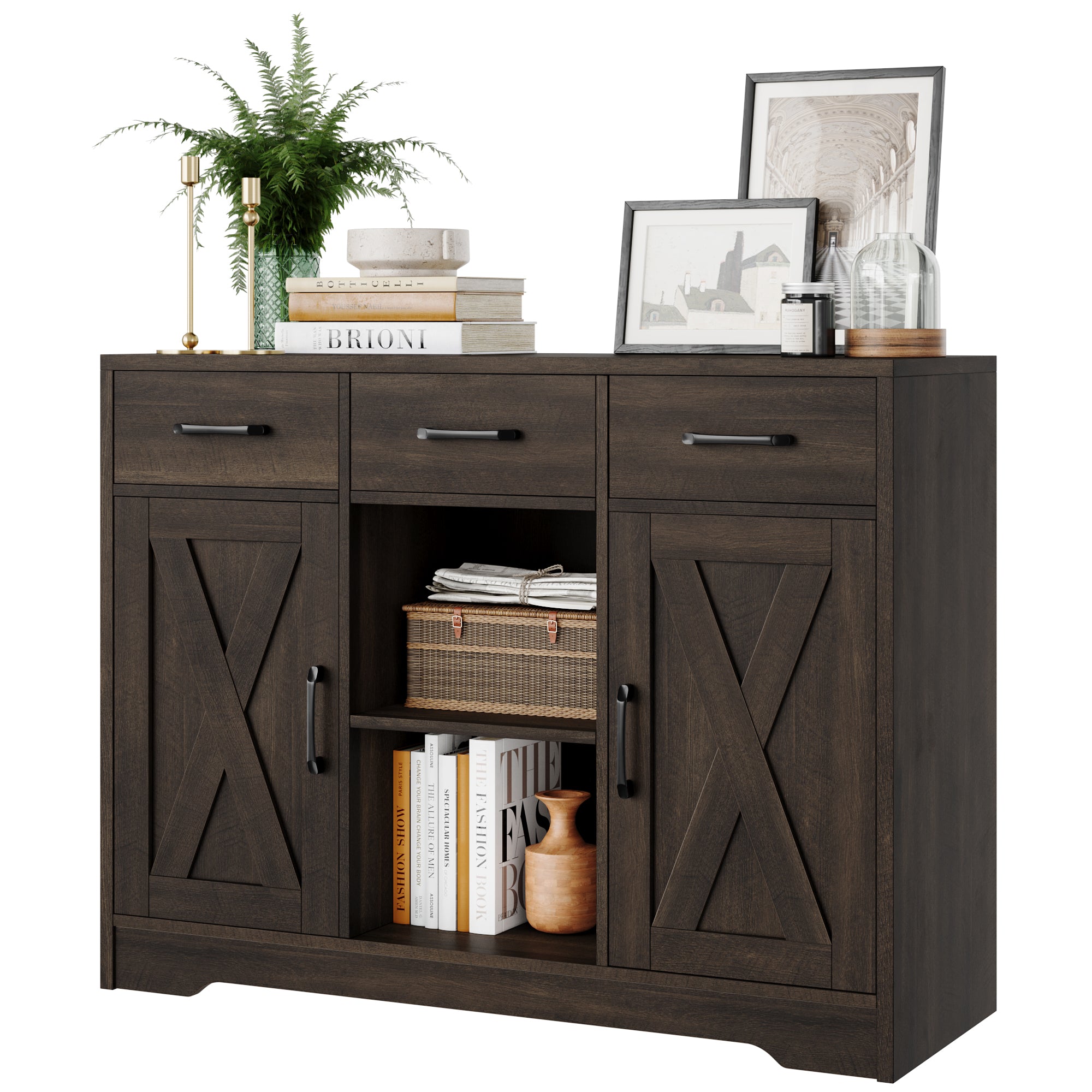 Hiphuta 41.7” Wide Farmhouse Buffet Sideboard, Wooden Credenza with 2-Tier Adjustable Shelves & 3 Drawers, Floor Cabinet Cupboard for Kitchen, Dark Brown