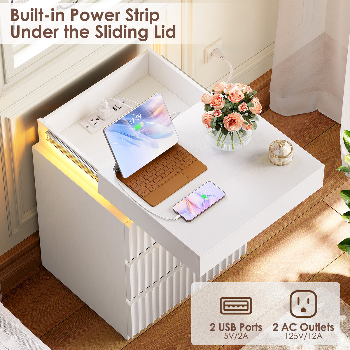 Hiphuta Set of 2 Bedside Table with Charging Station, Wood Nightstand End Table with 3 Drawers for Adult Bedroom Living Room, White