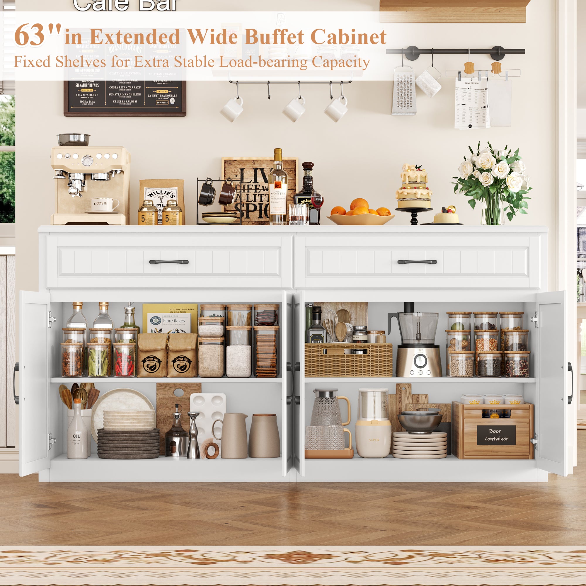 Hiphuta 53.7" Large Sideboard, Wooden Cabinet with 6 Drawers, Floor Cabinet Cupboard with Brown Top, White