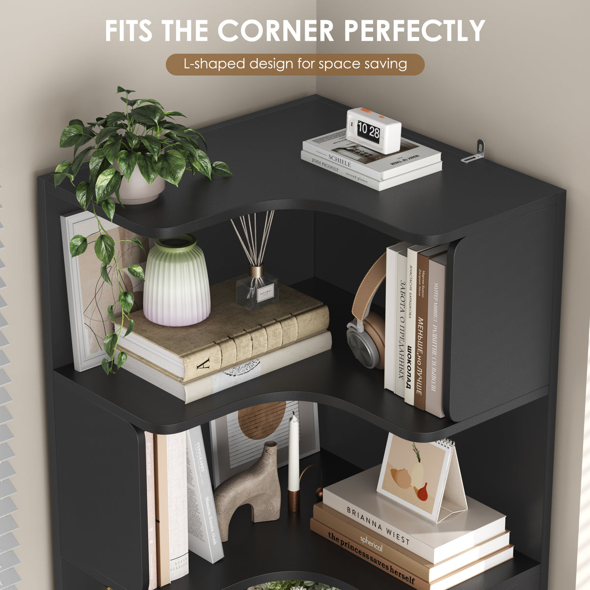 Hiphuta 77"Tall L-Shaped Corner Bookshelf with Drawers and Side Storage, Modern Wood Bookcase with 4-Tier Display Shelves Storage Cabinet for Living Room Home Office , Black