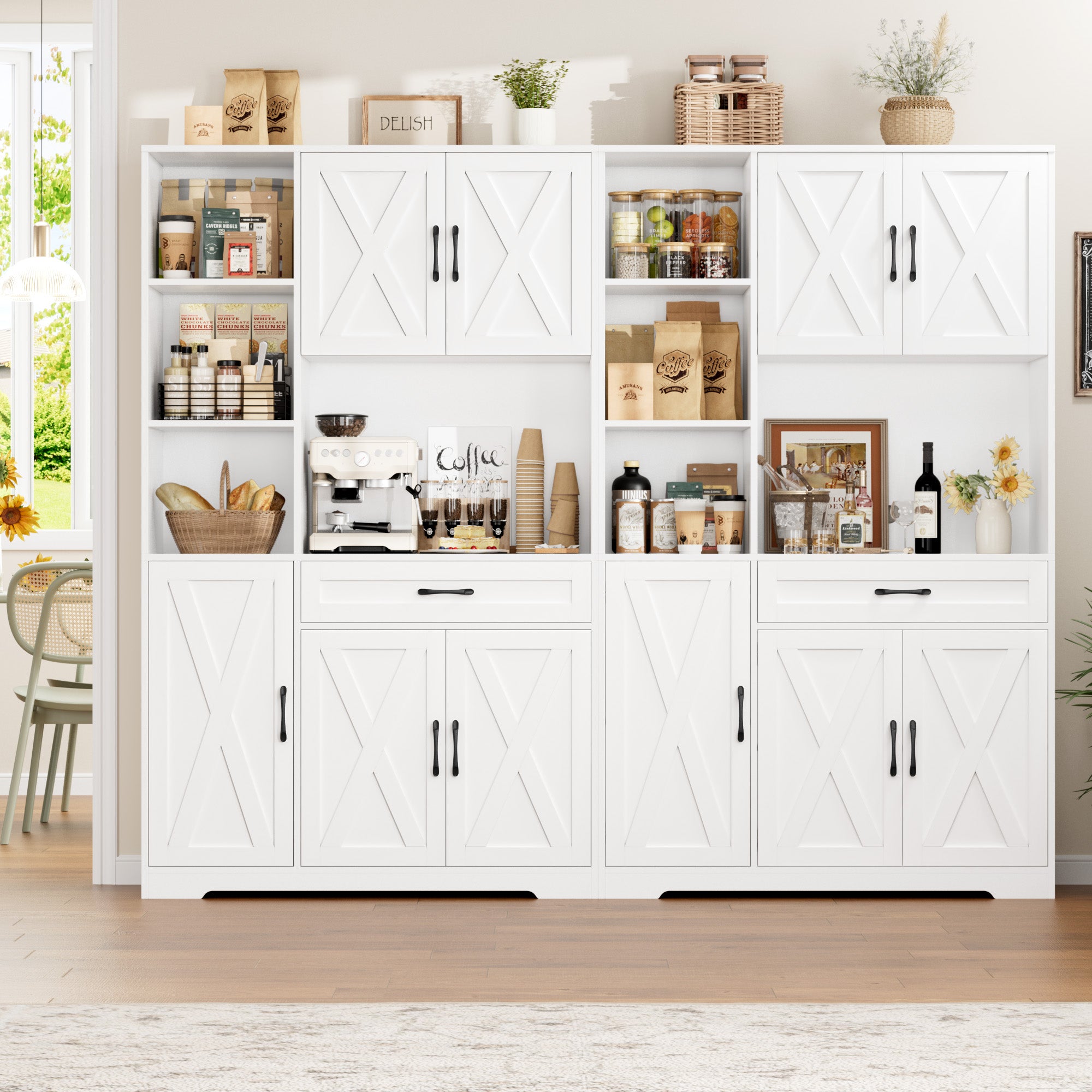 Hiphuta 71" Farmhouse Kitchen Pantry Storage Cabinet, Freestanding Hutch with Doors, Shelves & Microwave Stand, Cupboard for Dining Room, White