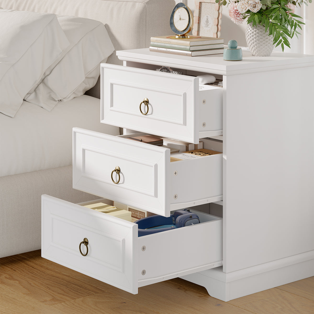 Hiphuta Vintage Nightstand with 3 Large Drawers, Farmhouse Sofa Table with Charging Station, Rustic End Table for Bedroom and Living Room, White