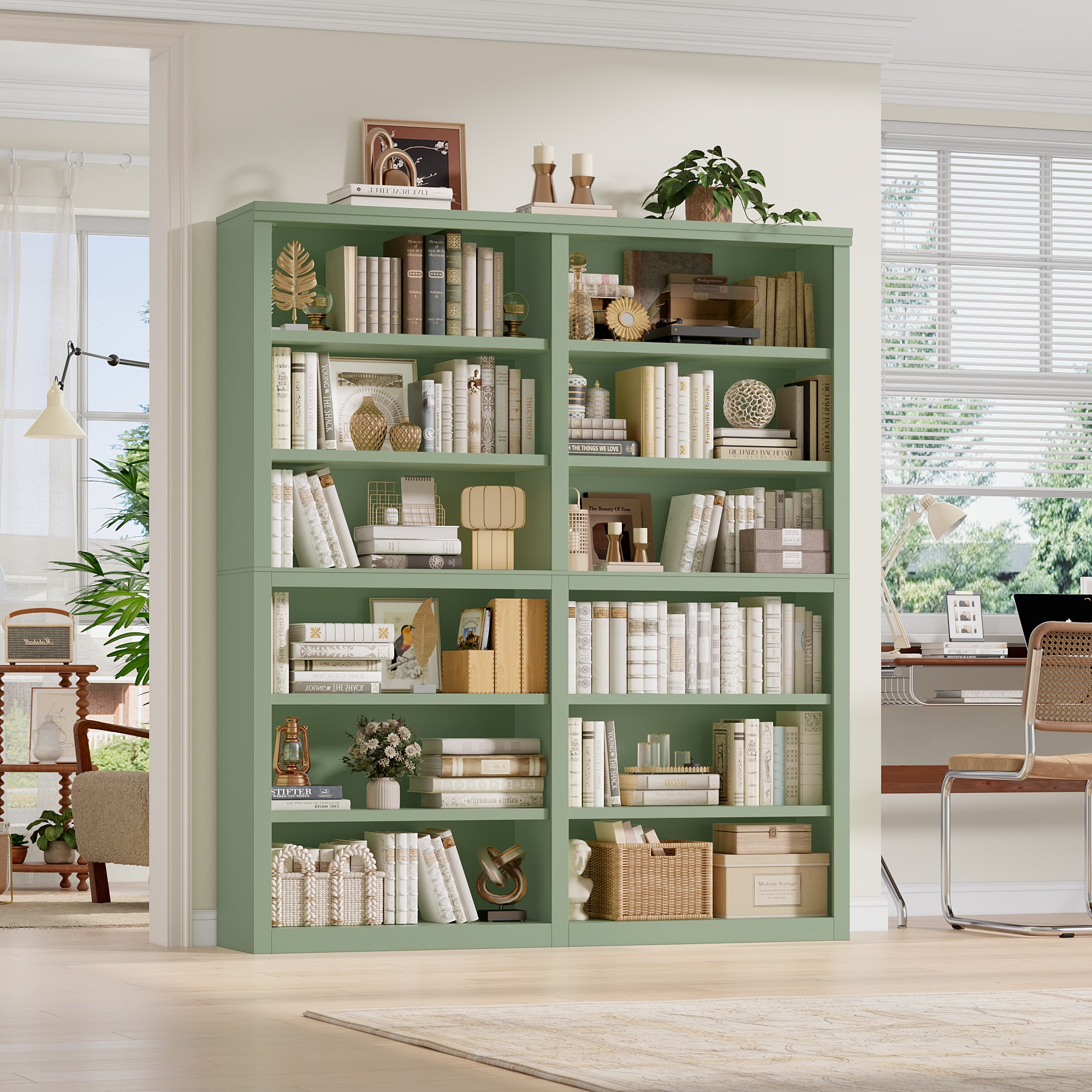 Hiphuta 63"W Extra Large and Sturdy Bookcase, Double Wide 6-Tier Bookshelf, Tall Bookcase for Home Office and Living Room, Wooden Freestanding Display Shelf, Green