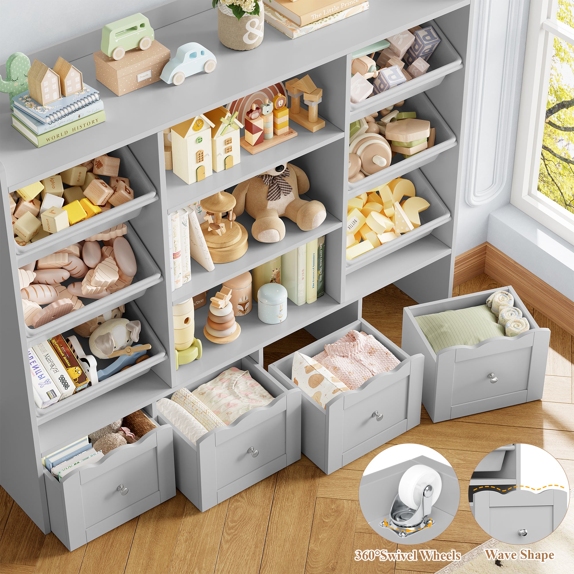 Hiphuta 55" Wide Toy Storage Organizer with 4 Removable Drawers, 4-Tier Kid Bookcase with 6 Bins, Toy Organizer with Bookcase for Kid Bedroom Playroom, Gray