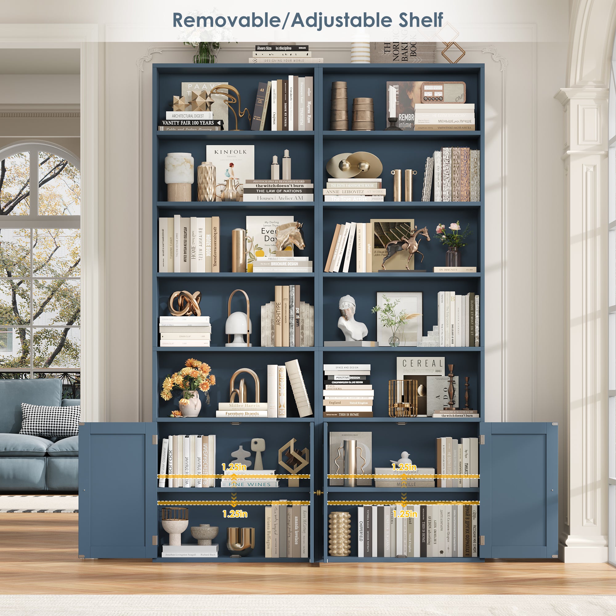 Hiphuta 81.5" Tall Bookcase with Doors, 5-Tier Bookshelves with Storage, 23.6"W Display Shelf with 2 Doors for Home Office, Living Room, Blue