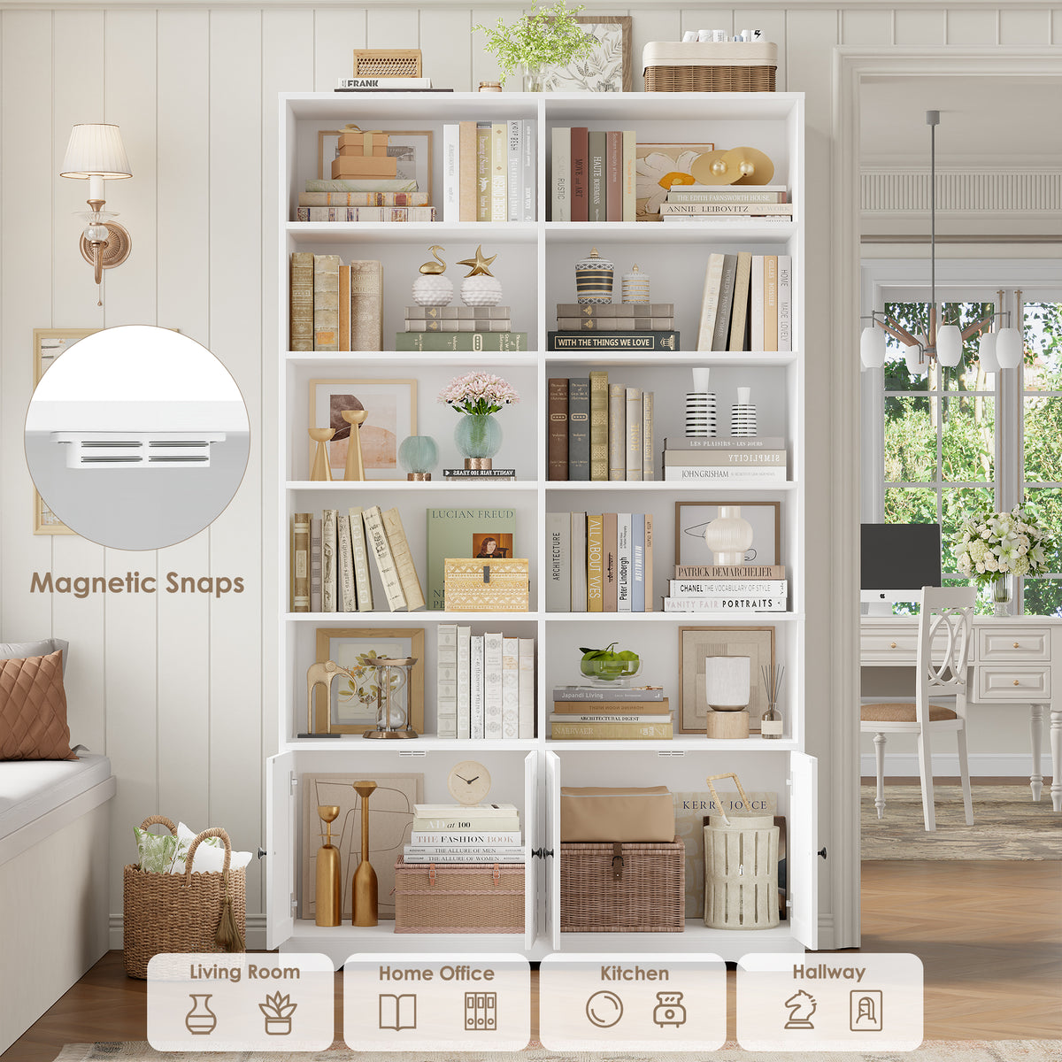 Hiphuta 78"H x 47"W Bookcase with Doors, Tall Bookshelves with Storage, 5-Tier Shelves Freestanding Display Bookcase for Home Office and Living Room, White