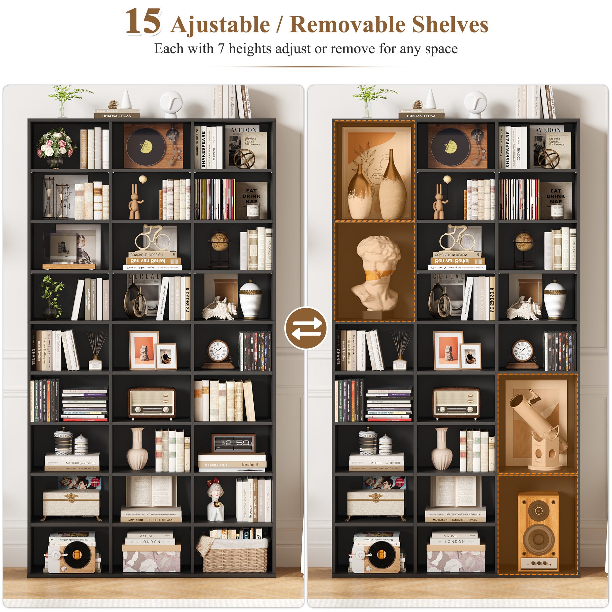 Hiphuta 27-Cube 9-Tier Bookcase, 75" Tall Triple-Wide CD Media Storage Organizer with 15 Adjustable Shelves, Freestanding Display Shelf, Black