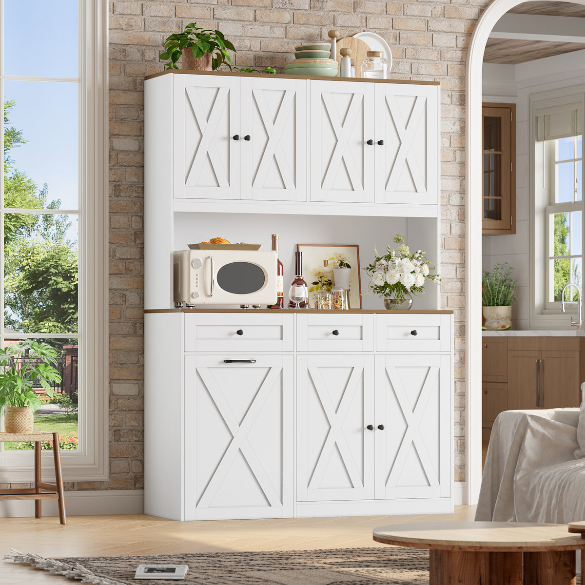 Hiphuta 73” Tall Kitchen Pantry Cabinet Fits 13 Gallon Trash Can Cabinet, Farmhouse Kitchen Storage Hutch with Pull Out Trash Can Storage for Dining Room Living Room, White