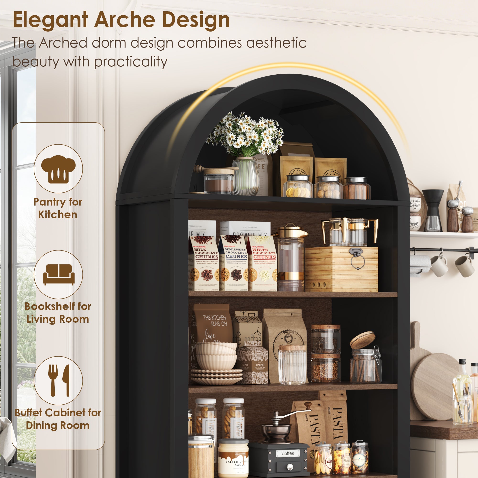 Hiphuta 70” Tall Arched Kitchen Pantry Storage Cabinet with 2 Large Drawers and 4 Open Shelves, Freestanding Modern Farmhouse Versatile Hutch Cupboard for Dining Room, Black & Oak