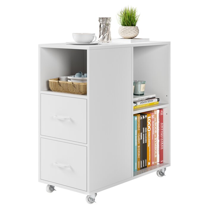 Hiphuta Movable End Side Table with 2 Drawers & Adjustable Shelf, Narrow Bedside Table, White