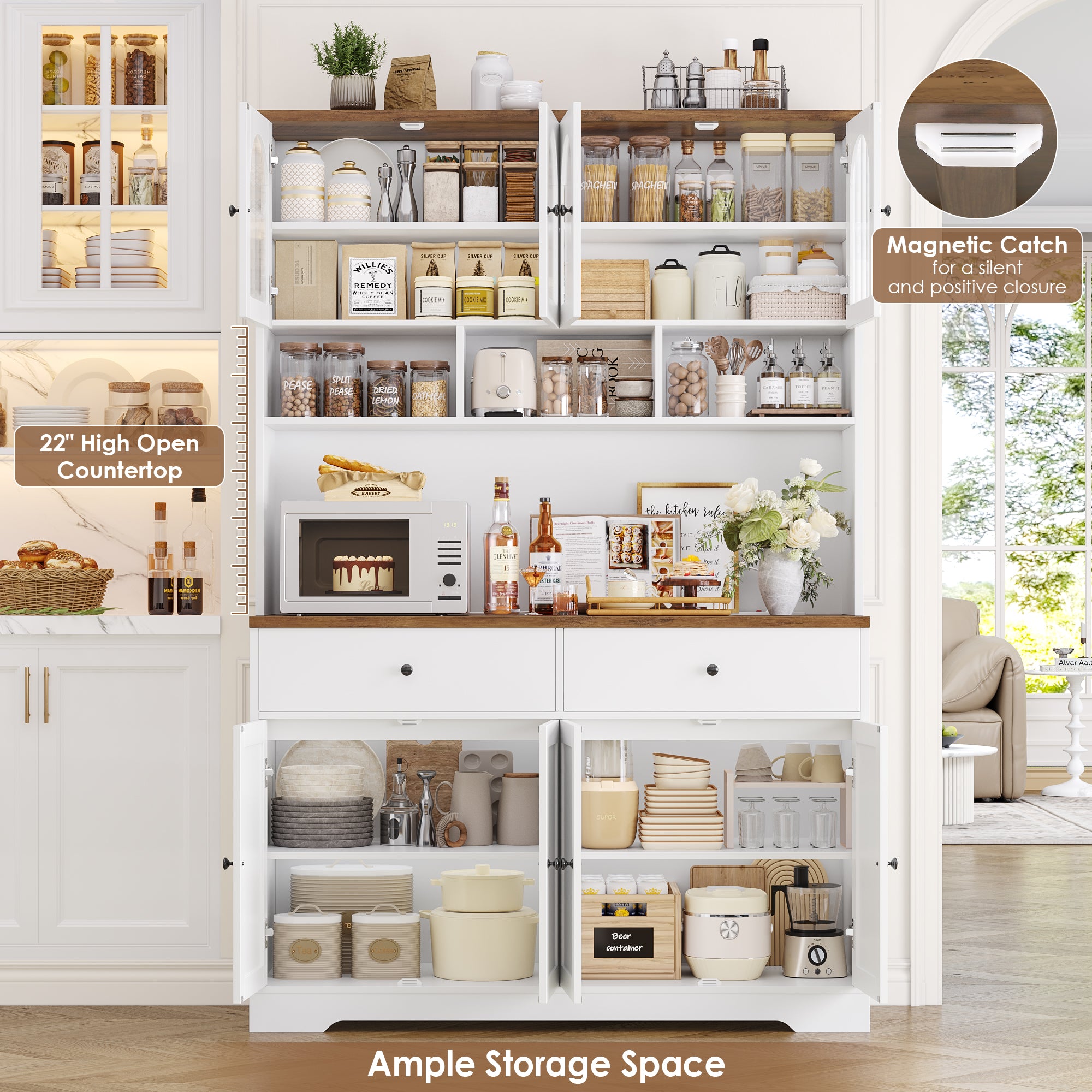 Hiphuta 71" Tall Pantry Cabinet with Arched Glass Doors, 47" Wide Kitchen Storage Cabinet with Microwave Stand & Charging Station, Hutch Cupboard for Kitchen Dining Room, White