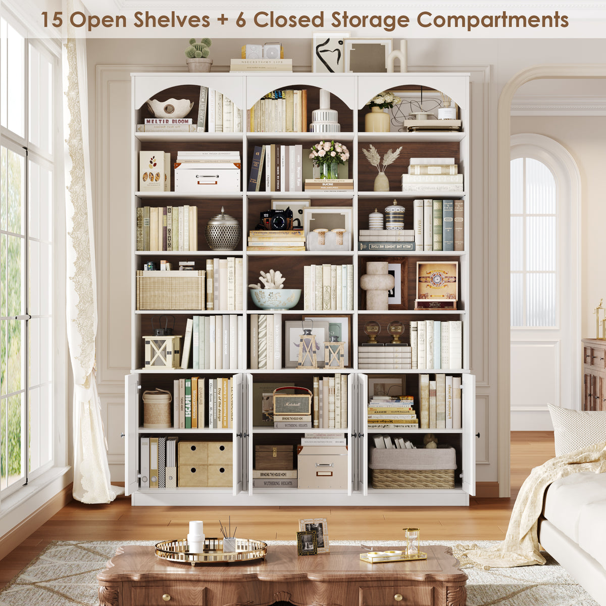 Hiphuta 78" Tall Triple Wide Bookcase with 6 Adjustable Shelves, Large Arched Book Shelf with 15 Cubes and 6 Doors, for Home Office Living Room, White & Walnut