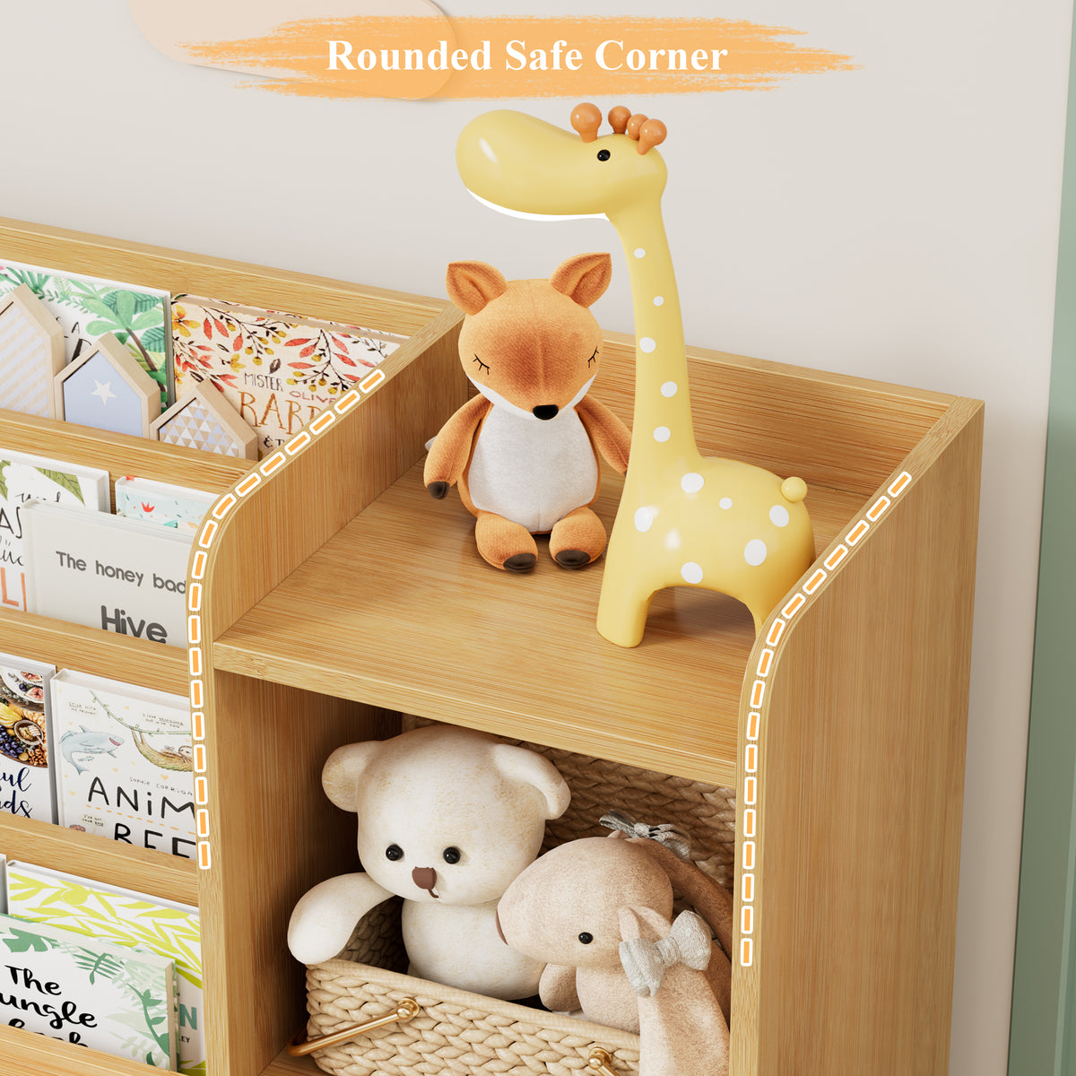 Hiphuta Kids Bookshelf with Toy Storage Organizer, Wood Bookcase Toy Organizer with 6 Removable Bins, Book Shelf for Kids Bedroom Playroom, Natural