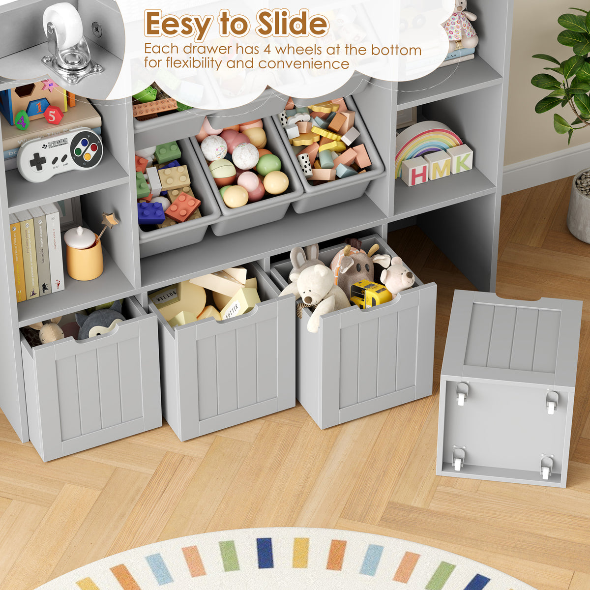 Hiphuta Large 4 Tier Kids Toy Organizer, Wood Toy Organizer of 6 Bins& 4 Removable Drawers, Children's Bookcase for Family Room, Gray