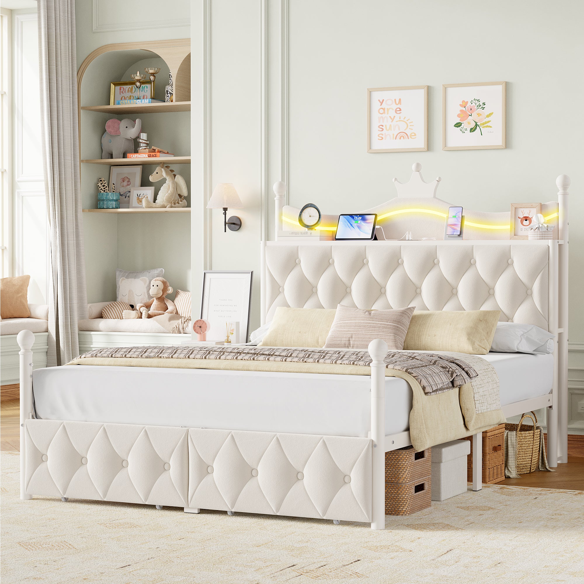 Hiphuta Full Size Crown Canopy Bed with Power Outlet & LED, Upholstered Princess Beds with 4 Removable Posts, Full Bed Frames, White