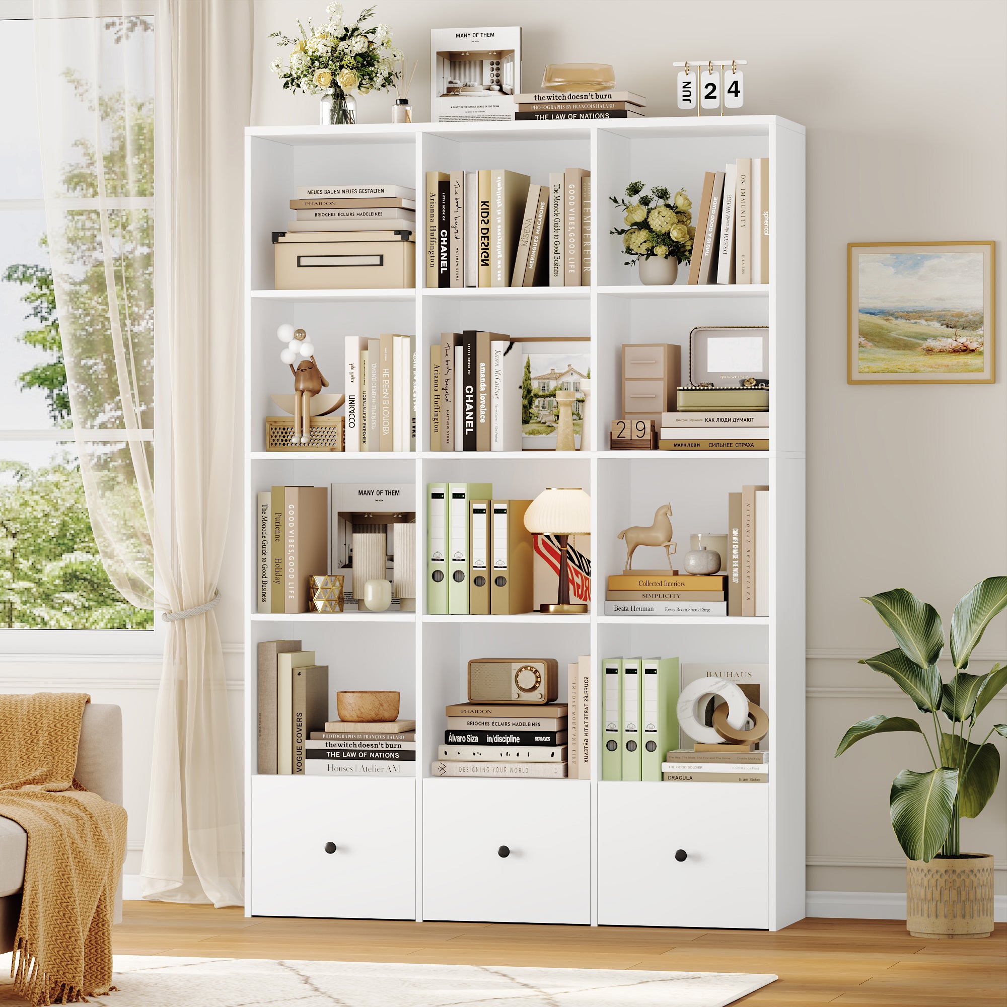 Hiphuta Triple Row 4-Tier Bookcase with 12 Cubes, 69" Tall Large Bookcase with 3 Drawers, for Office Living Room, White