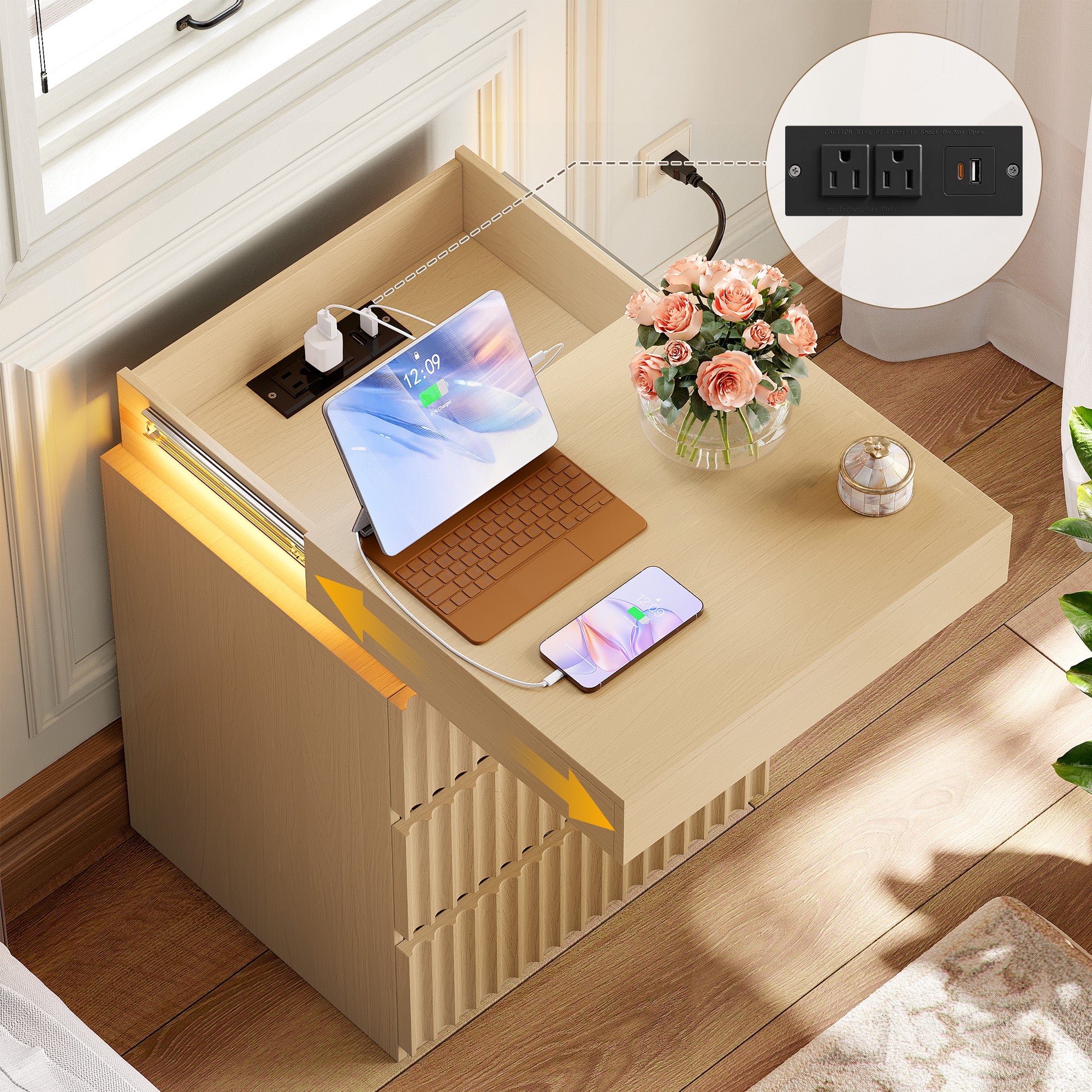 Hiphuta Set of 2 Nightstands with Charging Station, Wood End Table with 3 Drawers for Adult Bedroom Living Room, Oak