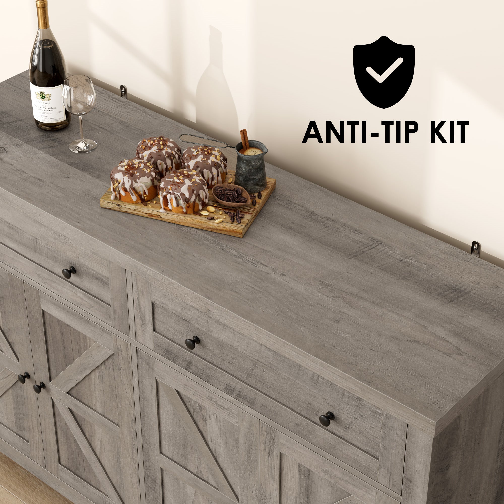 Hiphuta 55.1" Modern Sideboard Buffet, Credenza Storage Cabinets with Adjustable Shelf, 4-Doors & 2-Drawers, Ash Gray