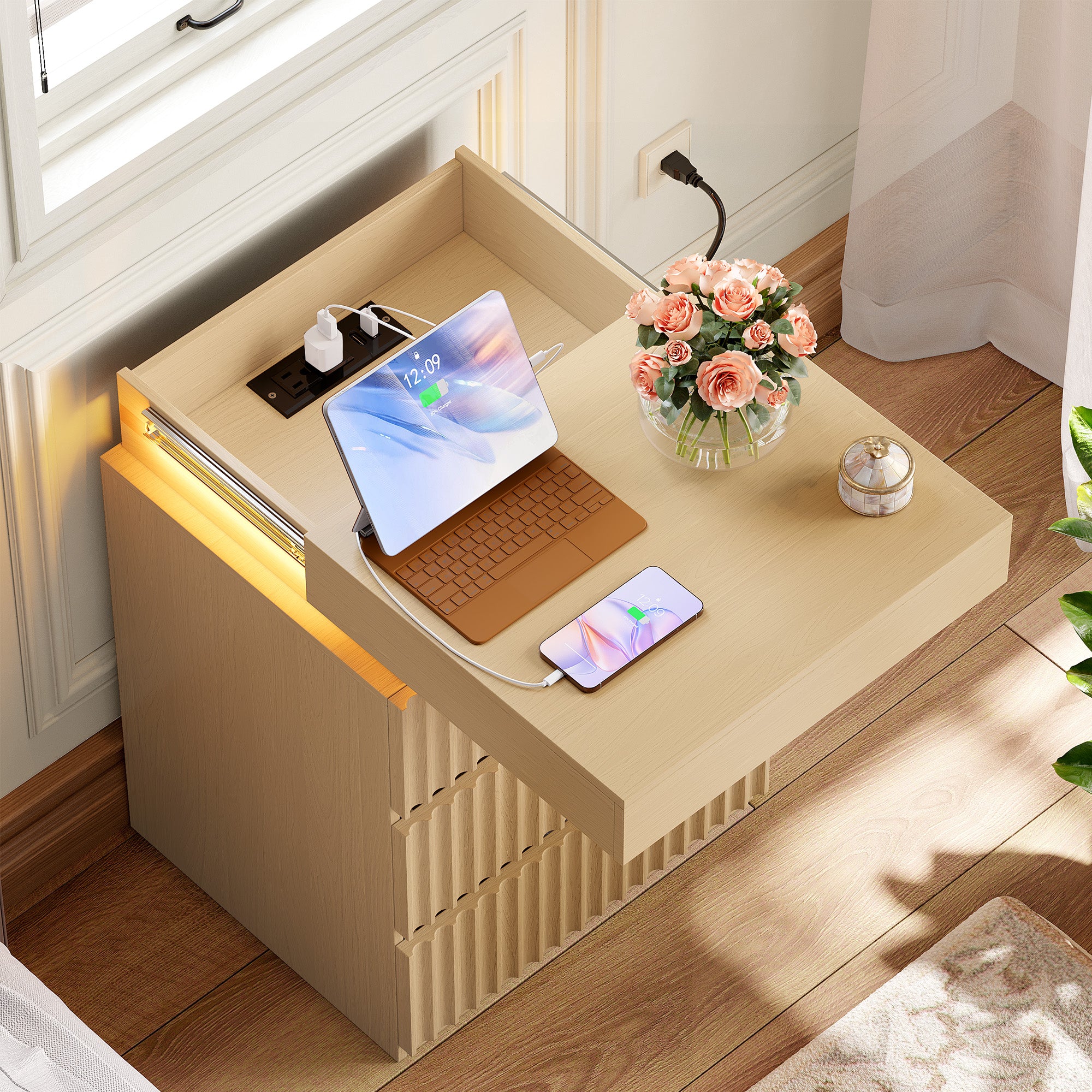 Hiphuta Set of 2 Nightstands with Charging Station, Wood End Table with 3 Drawers for Adult Bedroom Living Room, Oak