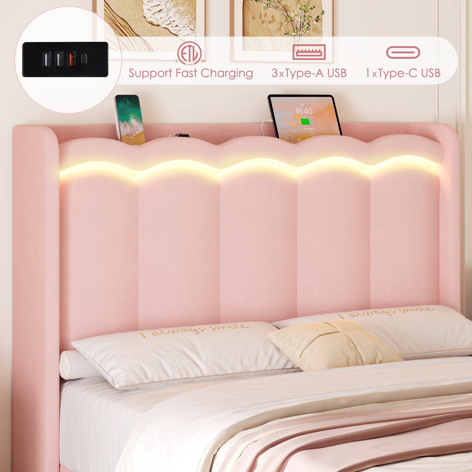 Hiphuta Full Size Bed with Power Outlet & LED, Upholstered Princess Beds with Drawer, Full Beds with Headboard Storage, Pink