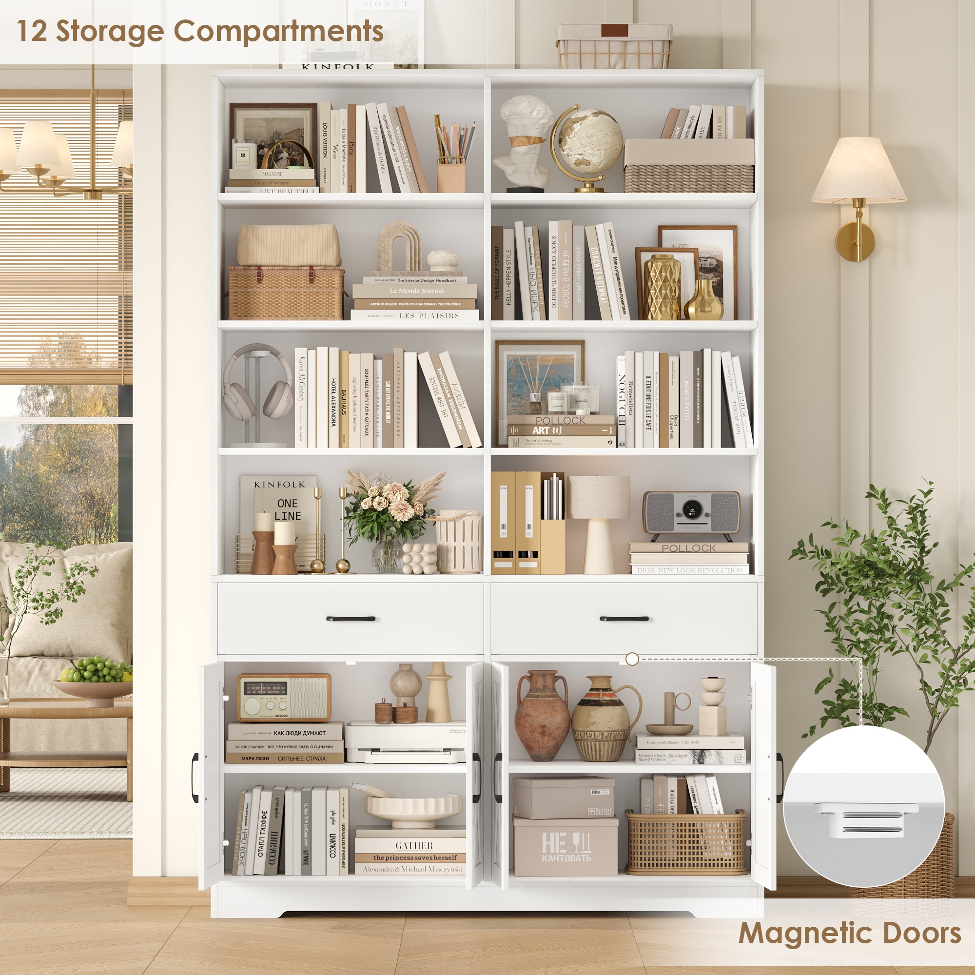 Hiphuta Bookcase with 3 Drawers, Large Farmhouse Bookshelf and Bookcase with Cabinet, White