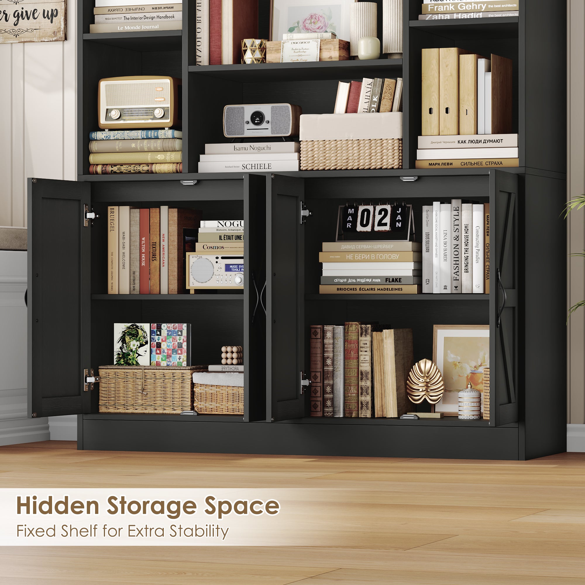 Hiphuta 75" Tall Modern Bookcases with 2 Double Door Cabinet, 47"Wide Wooden Storage Bookshelf for Living Room Home Office Entryway, Black