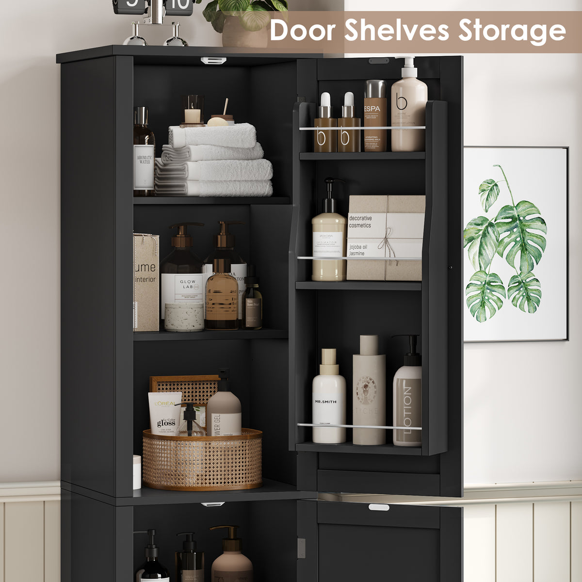 Hiphuta 71" Tall Narrow Bathroom Storage Cabinet, Slim Bathroom Storage Tower with Adjustable Shelves & Door Shelves, Narrow Cabinet with Doors for Small Spaces, Black