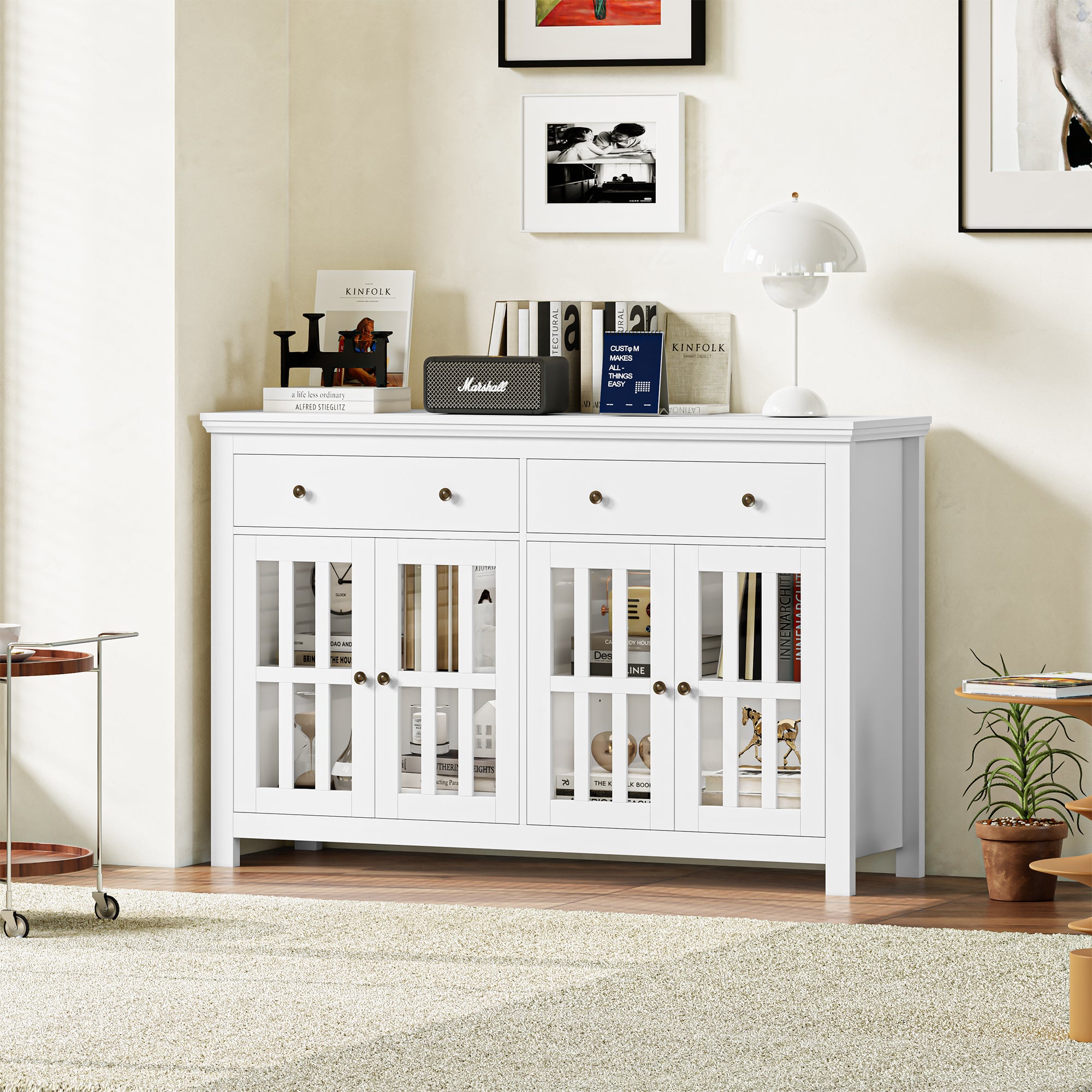 Hiphuta 55” Large Modern Buffet Sideboard, Kitchen Pantry Storage Cabinet with Glass Doors &amp; 2 Large Drawers, White