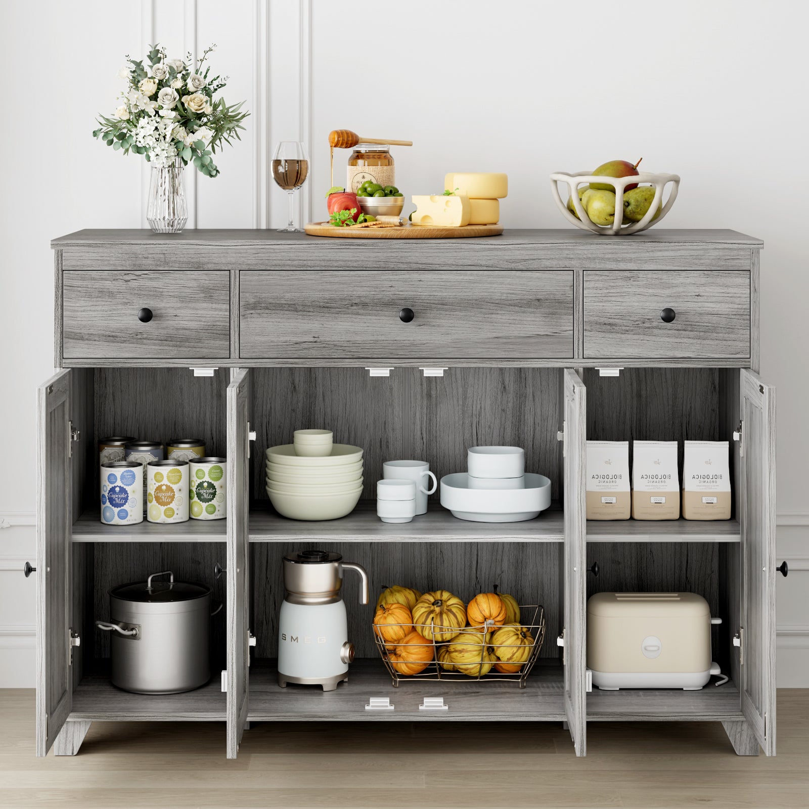 Hiphuta 47.2"W Buffet Sideboard, Wooden Storage Cabinet with 3 Drawers & 4 Doors, Wide Buffet Cabinet, Gray