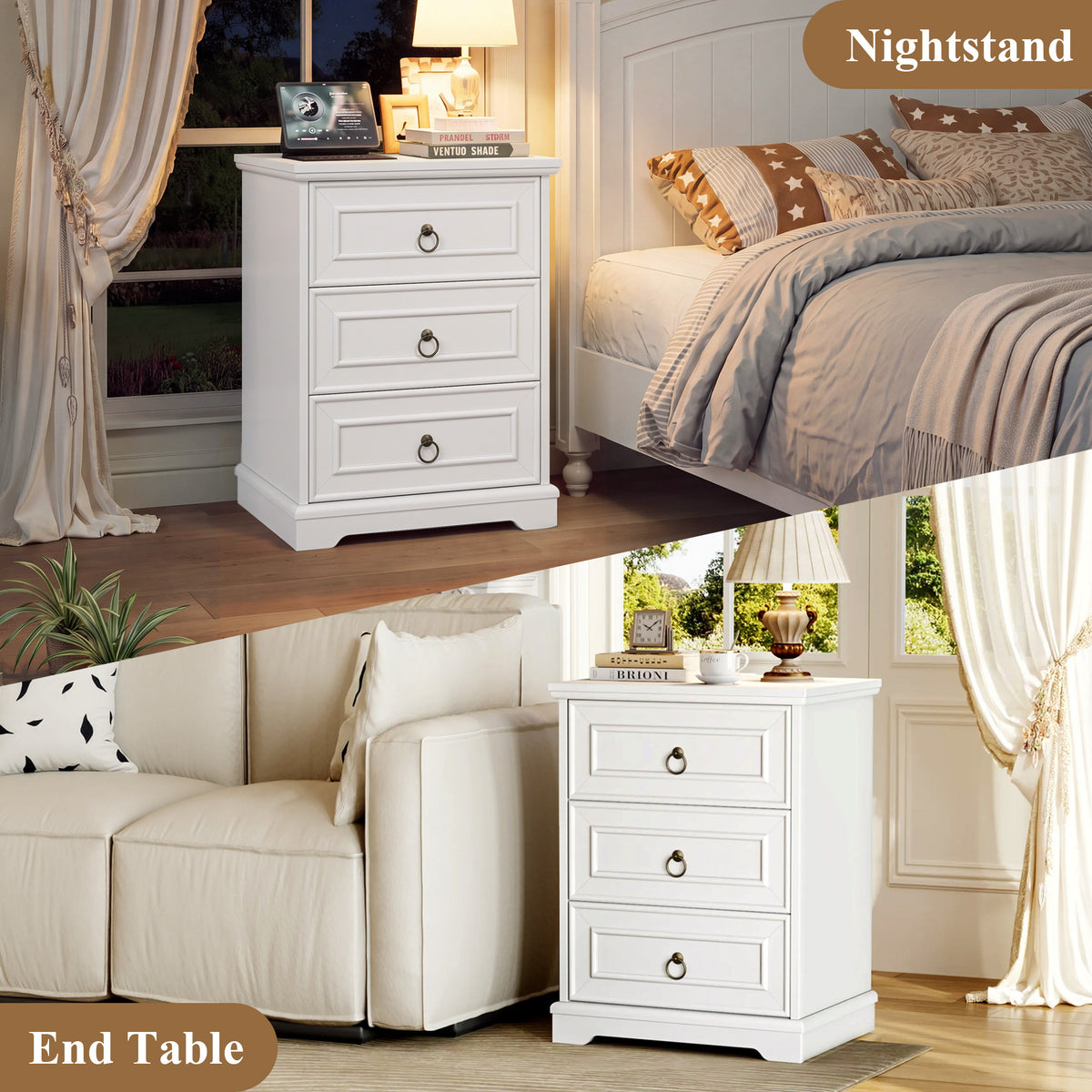 Hiphuta Vintage Nightstand with 3 Large Drawers, Farmhouse Bedroom Bedside Tables with Charging Station, Sofa Tables End Tables for Bedroom and Living Room, White