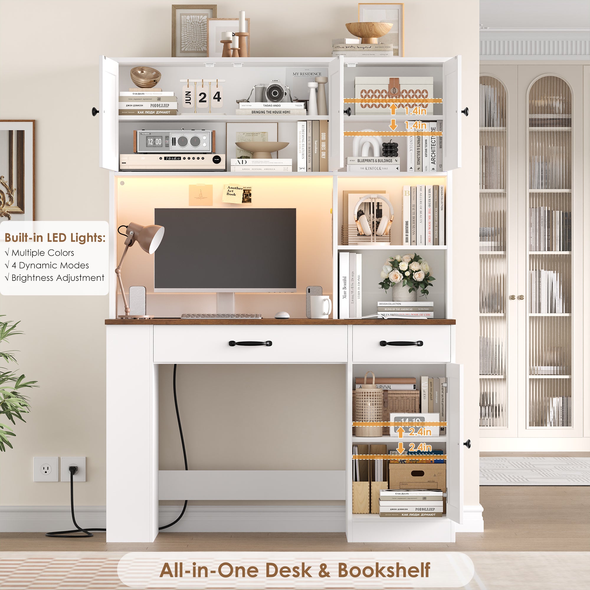 Hiphuta Desk with Hutch Bookshelf & LED Lights, All-in-One Home Office Desk with Charging Outlets and Adjustable Shelves, Study Desk Computer Desk with storage, White
