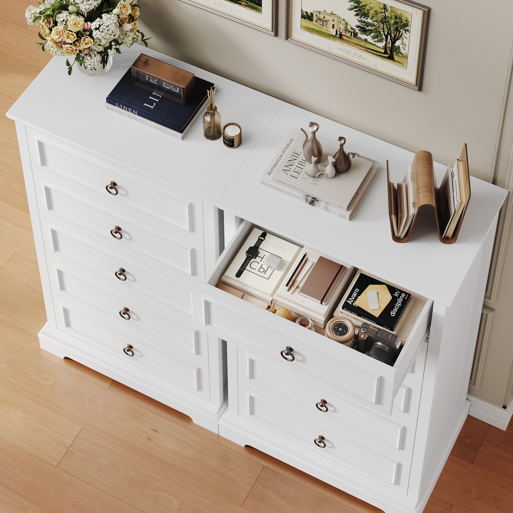 Hiphuta Modern 5 Drawers Tall Dresser for Bedroom with Metal Handle, Large Dresser Organizer, Wood Chest of Drawers, White