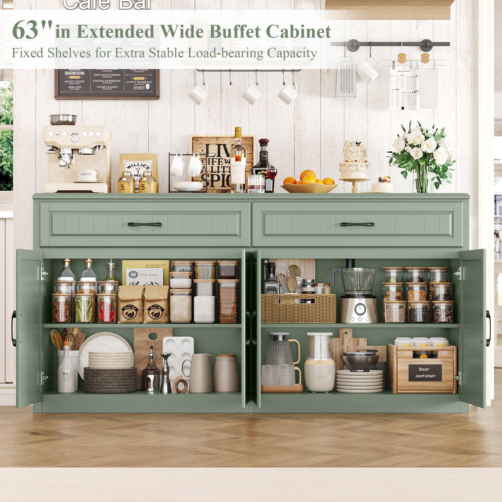 Hiphuta 63"Extended Wide Large Buffet Cabinet with 2 Drawers, Modern Coffee Bar Sideboard with Dusty-proof Base for Living Room and Entryway, Green