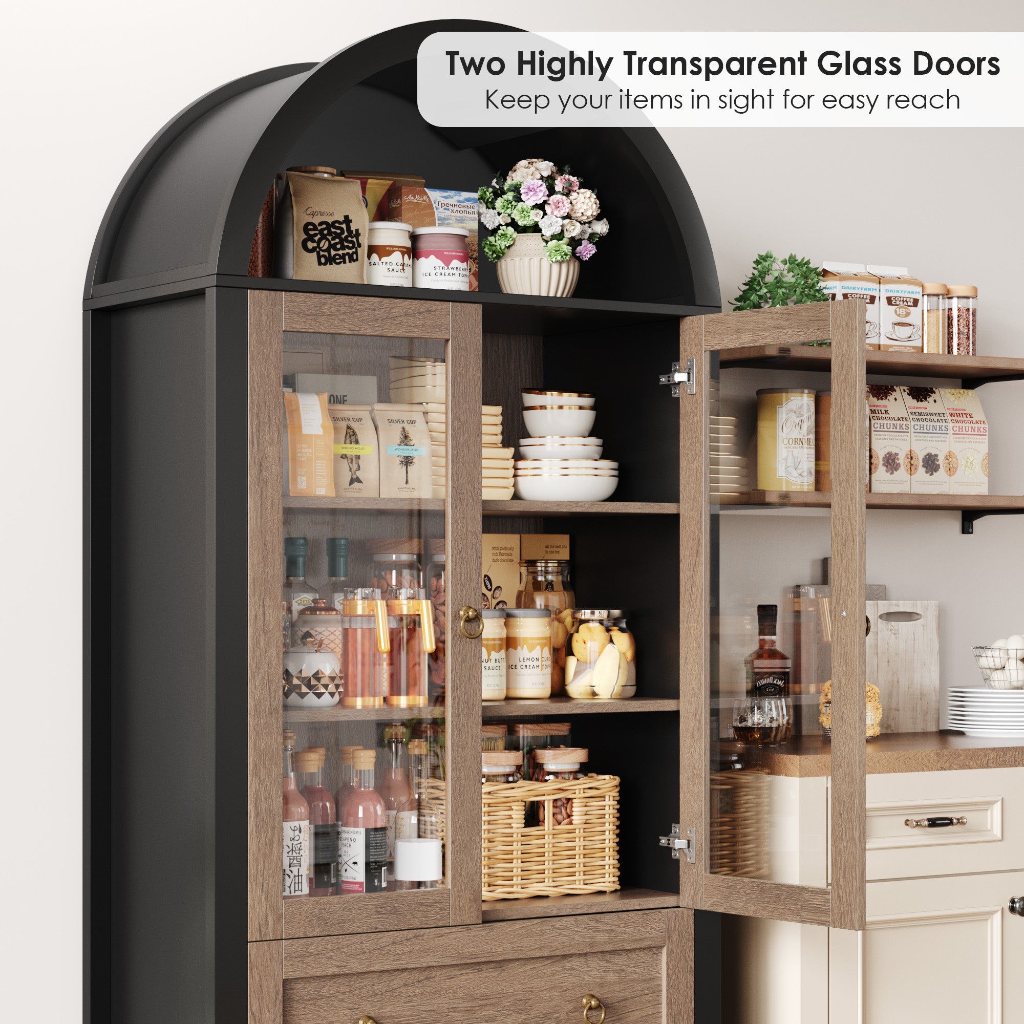 Hiphuta 70" Tall Arched Kitchen Pantry Storage Cabinet with 2 Large Drawers, Freestanding Modern Farmhouse Versatile Hutch Cupboard for Dining Room, Black & Oak