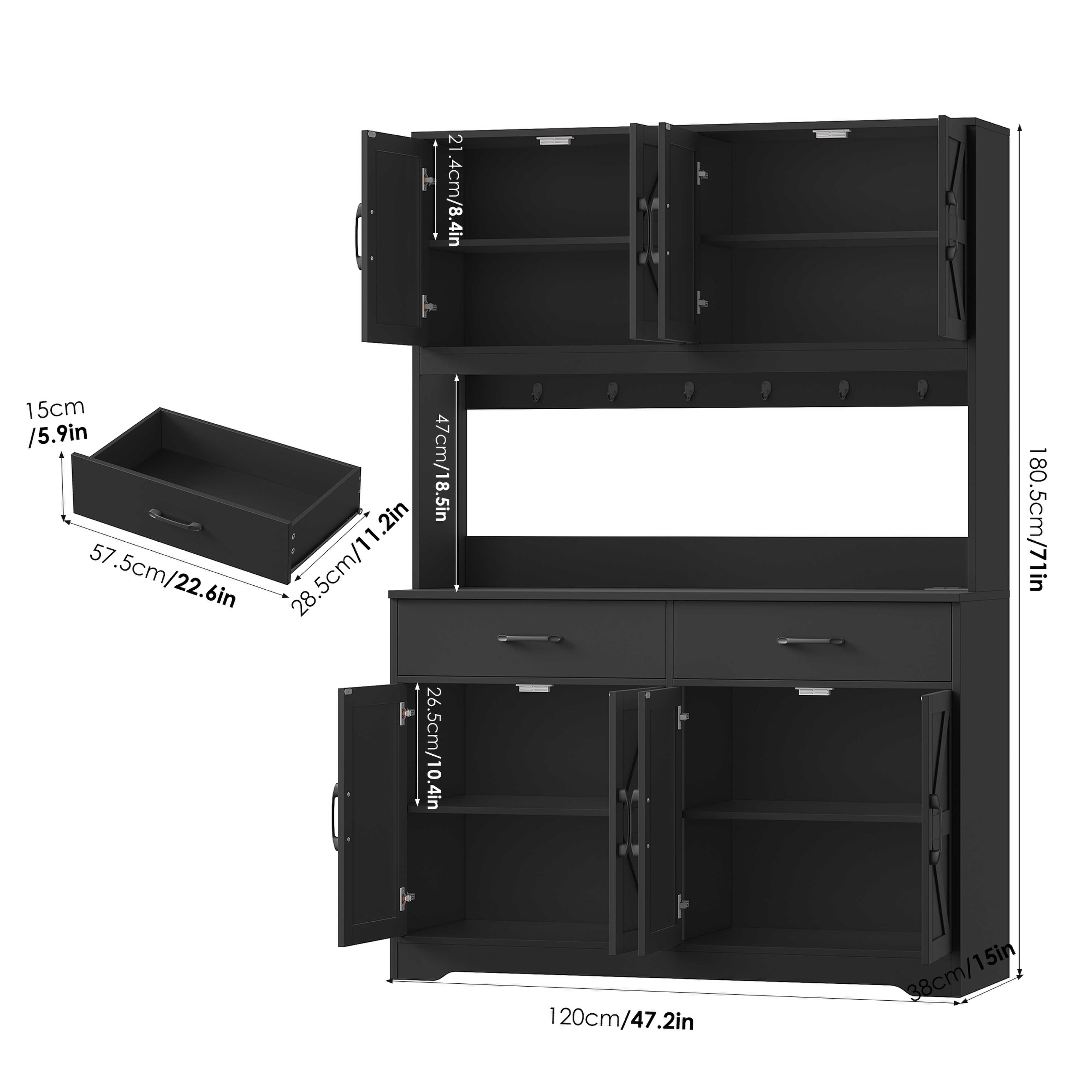 Hiphuta 71" Tall Kitchen Pantry Storage Cabinet with RGB LED and 6 Metal Hooks, Farmhouse Coffee Bar Cabinet with Charging Station, Buffet with Hutch and Microwave Stand, Black