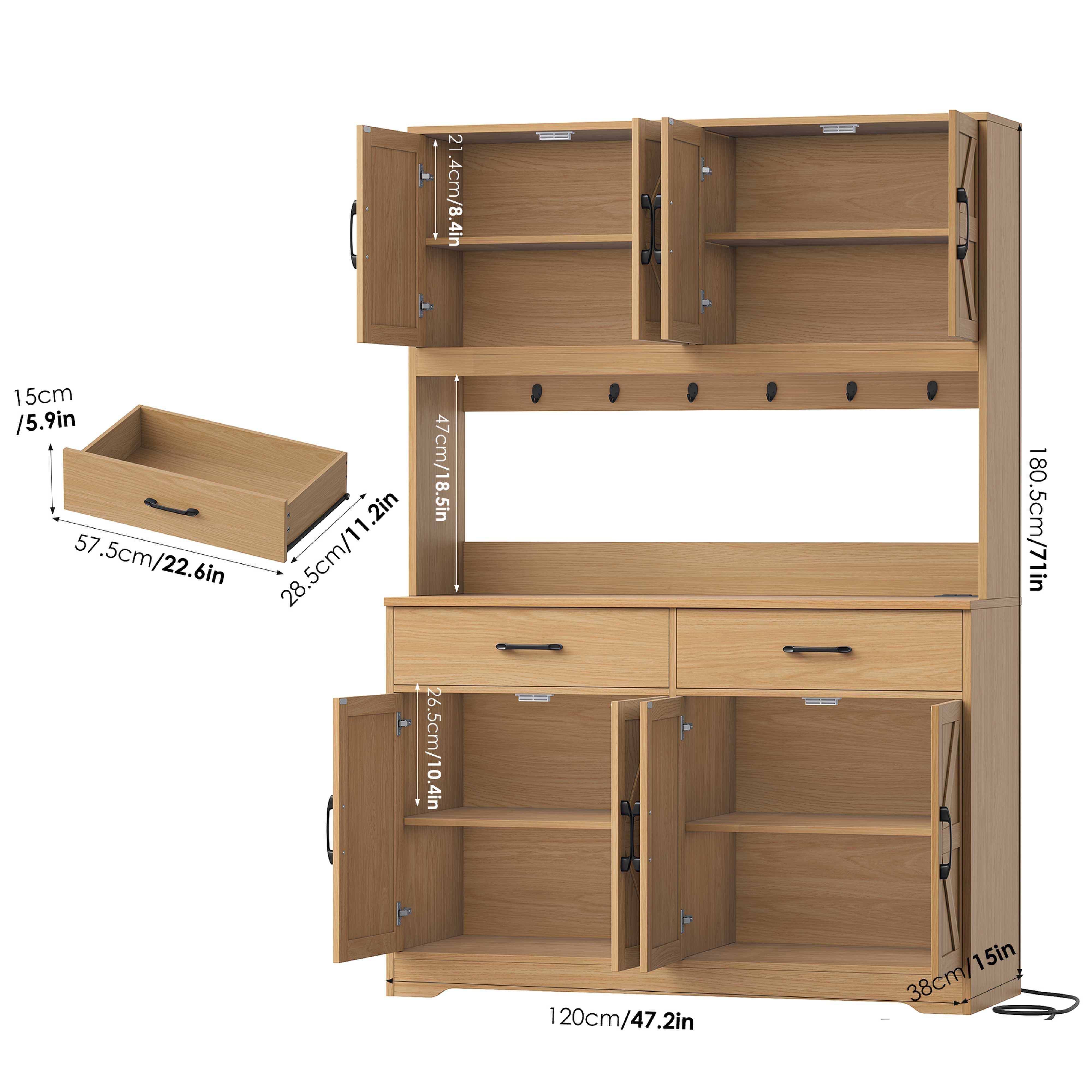 Hiphuta 71" Tall Kitchen Pantry Storage Cabinet with RGB LED and 6 Metal Hooks, Farmhouse Coffee Bar Cabinet with Charging Station, Buffet with Hutch and Microwave Stand, Light Oak