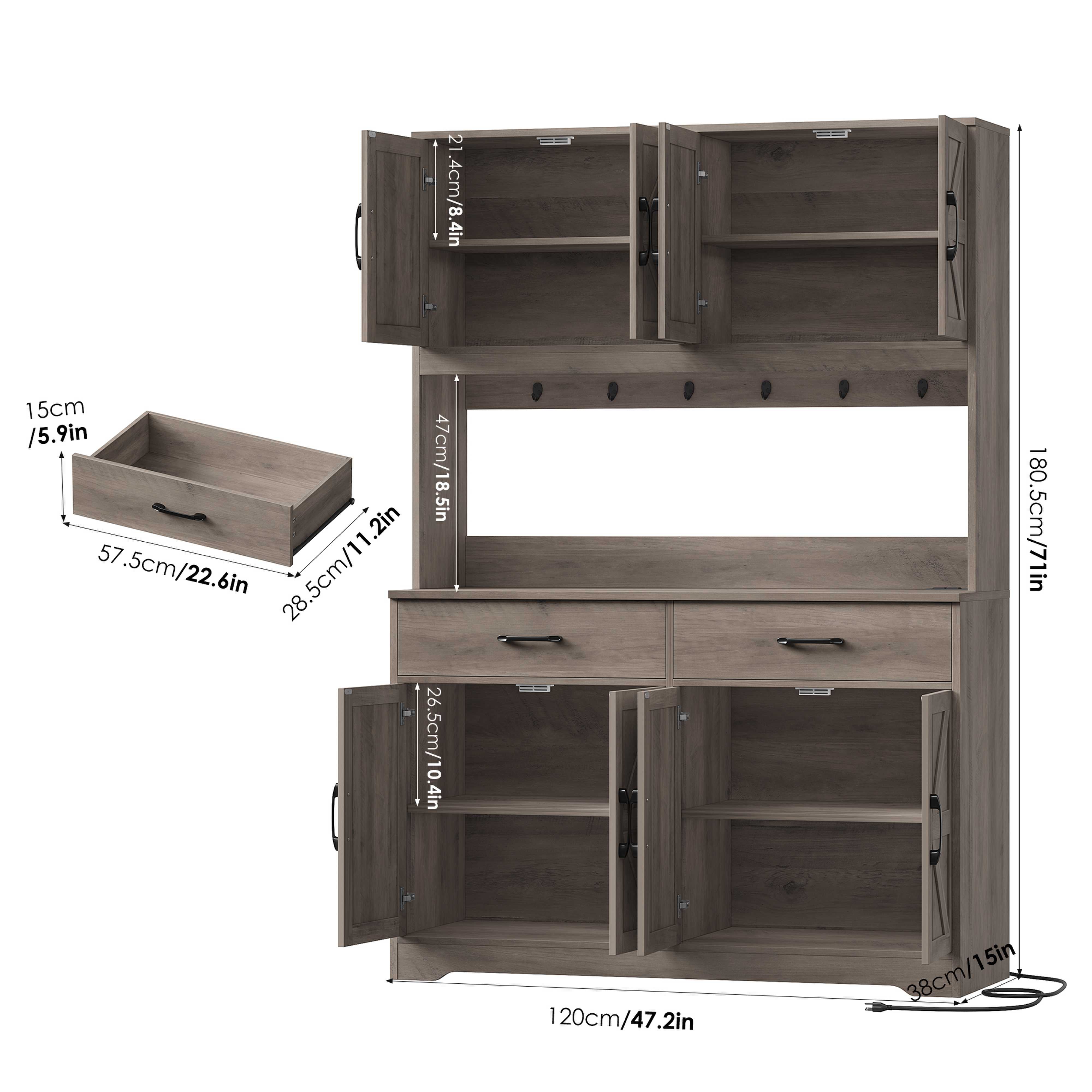 Hiphuta 71" Tall Kitchen Pantry Storage Cabinet with RGB LED and 6 Metal Hooks, Farmhouse Coffee Bar Cabinet with Charging Station, Buffet with Hutch and Microwave Stand, Gray